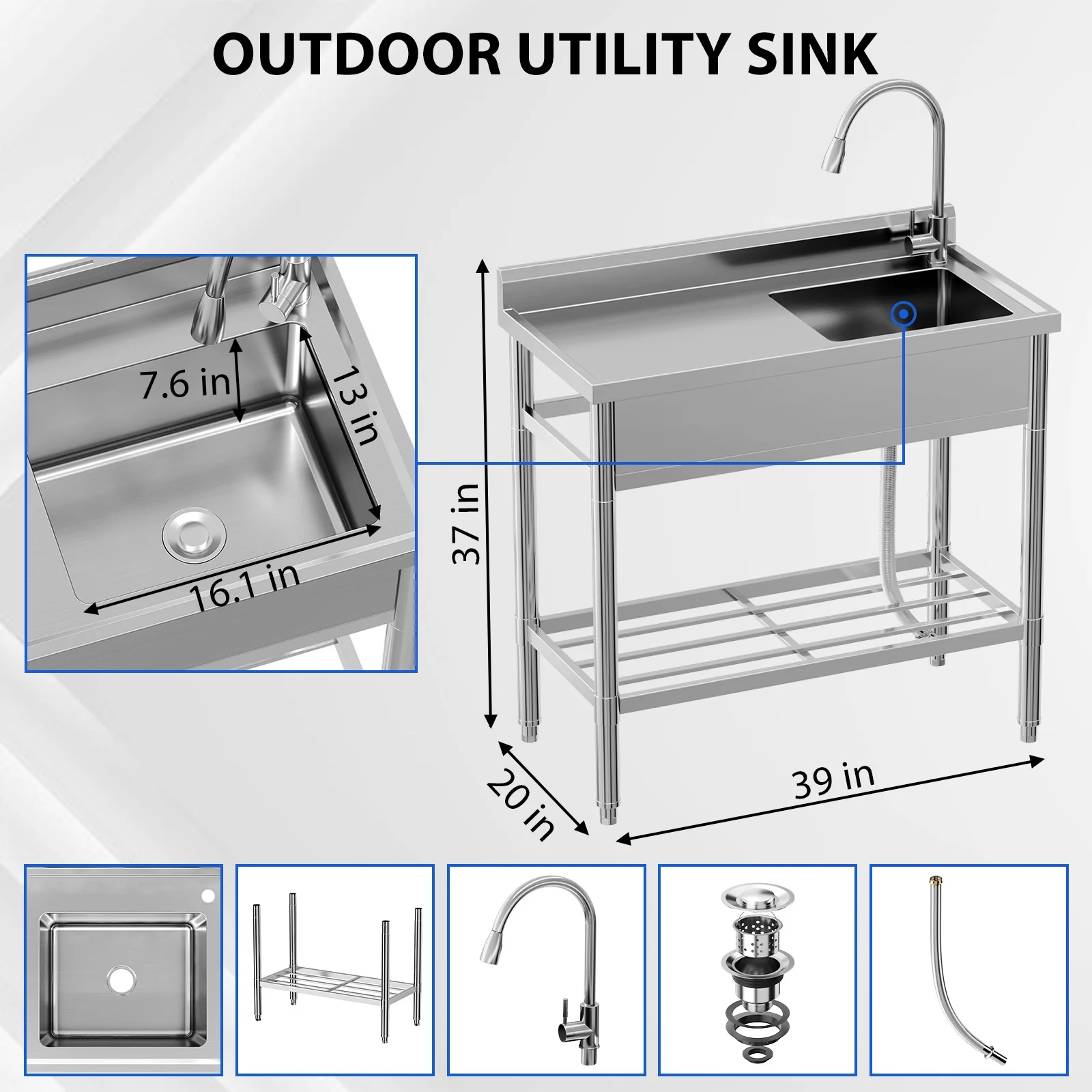 39 Inch Stainless Steel Utility Sink, Single Bowl w/Workbench Storage Shelf