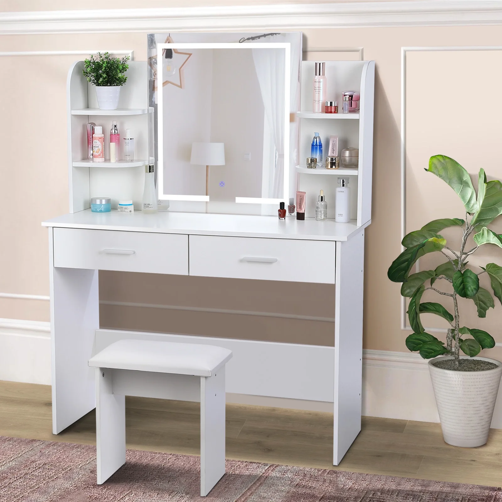 RichYa Modern Makeup Vanity Set with Lights Mirror and Drawers,White Makeup Desk,Dressing Table