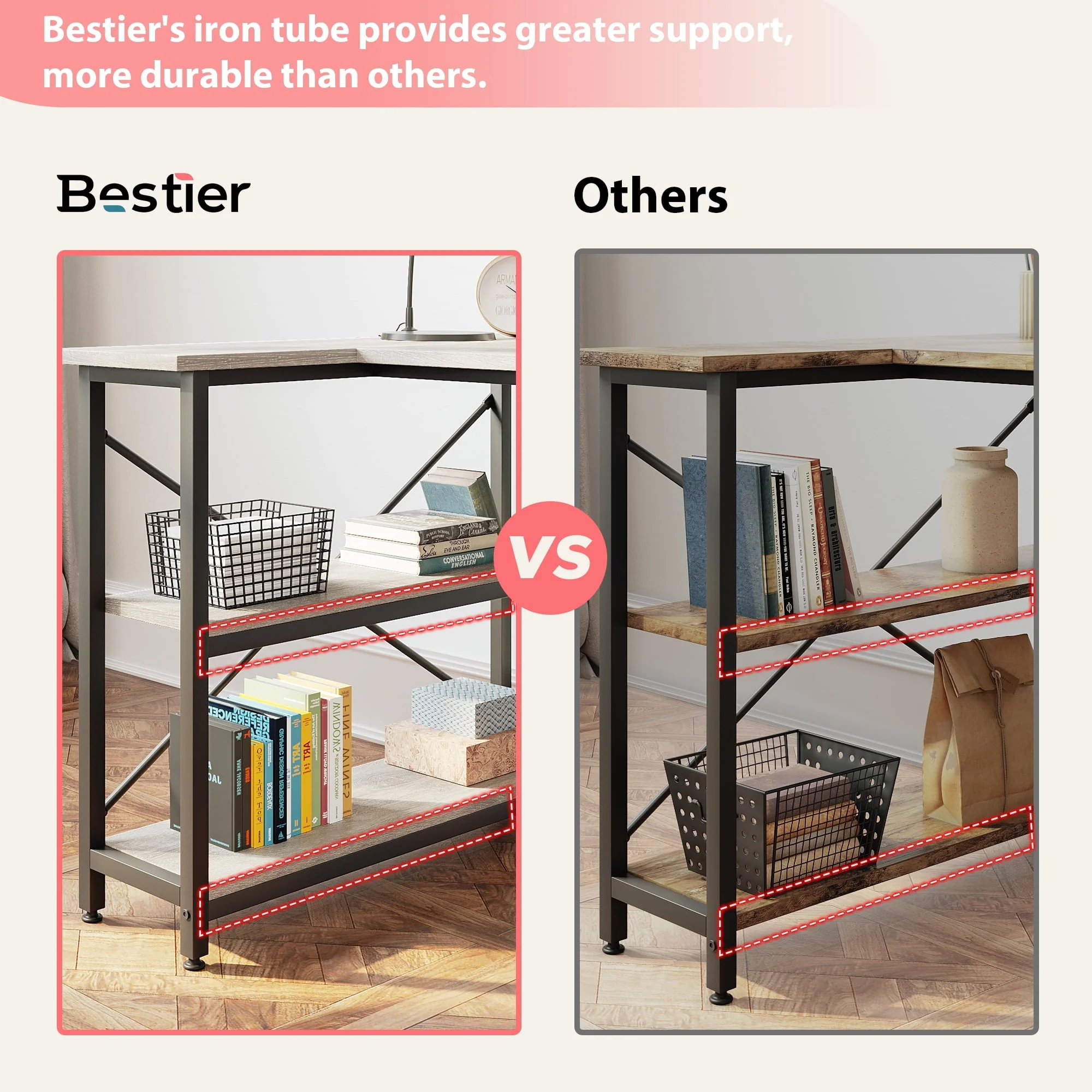 Bestier 47 inch Corner L-Shaped Desk with Storage Shelves Writing Desk Wash Grey