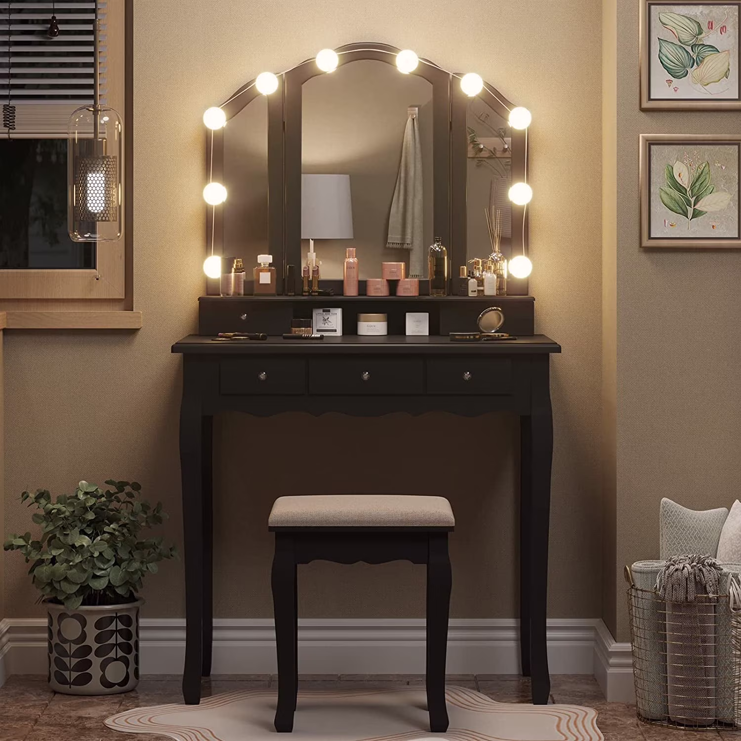 Afuhokles Vanity Table Set with Lighted Tri-Fold Mirror and Stool, Makeup Vanity Dressing Desk 5 Drawers, White