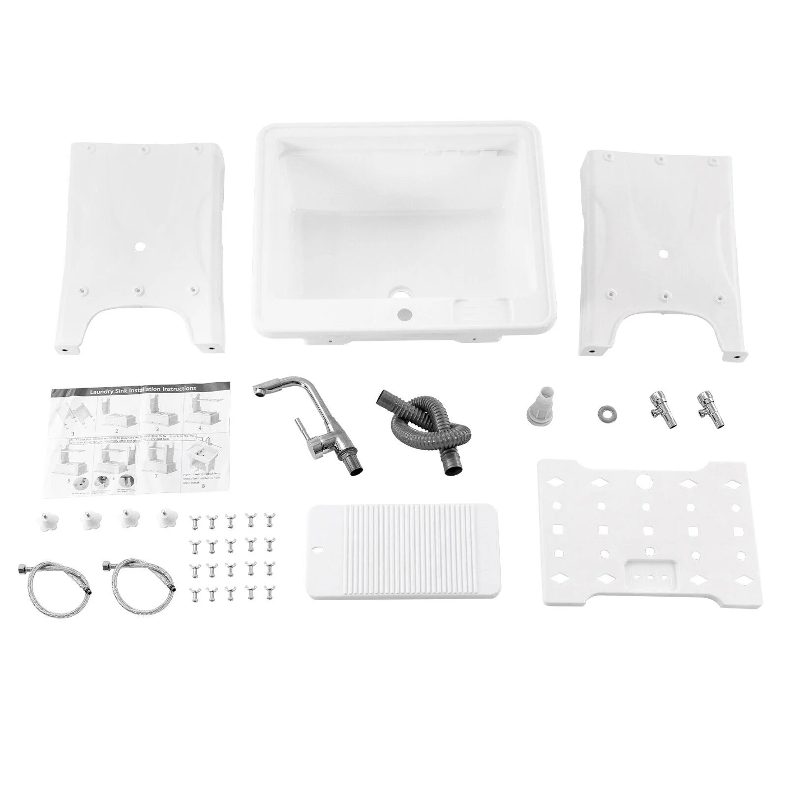 Freestanding Laundry Sink Plastic Basin Tub Utility Wash Bowl with Hot&Cold Faucet/Washboard for Sundry Rooms