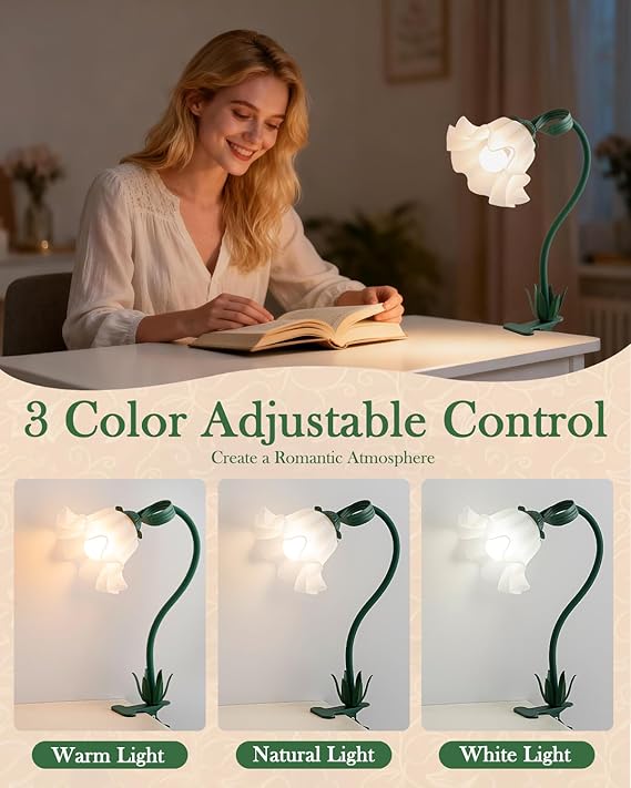 Green Clip on Light, 3 Color Modes Eye-Caring Flower Desk Lamp with Clamp