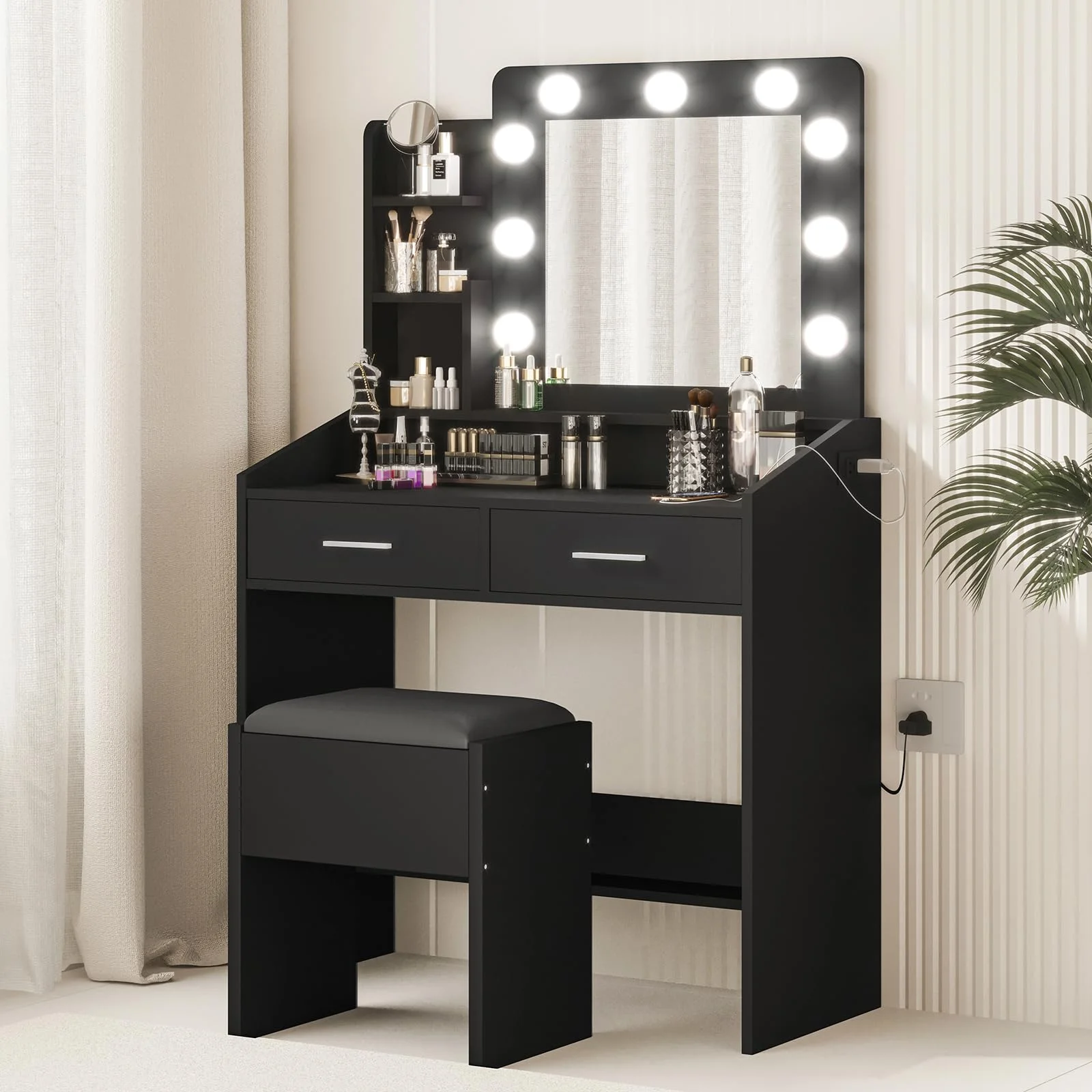 Yeshouse Vanity Desk with Mirror and Lights, White Makeup Vanity with 2 Drawers, 3 Light Mode and Brightness Adjusted, Makeup Table for Bedroom, Desk and Chair