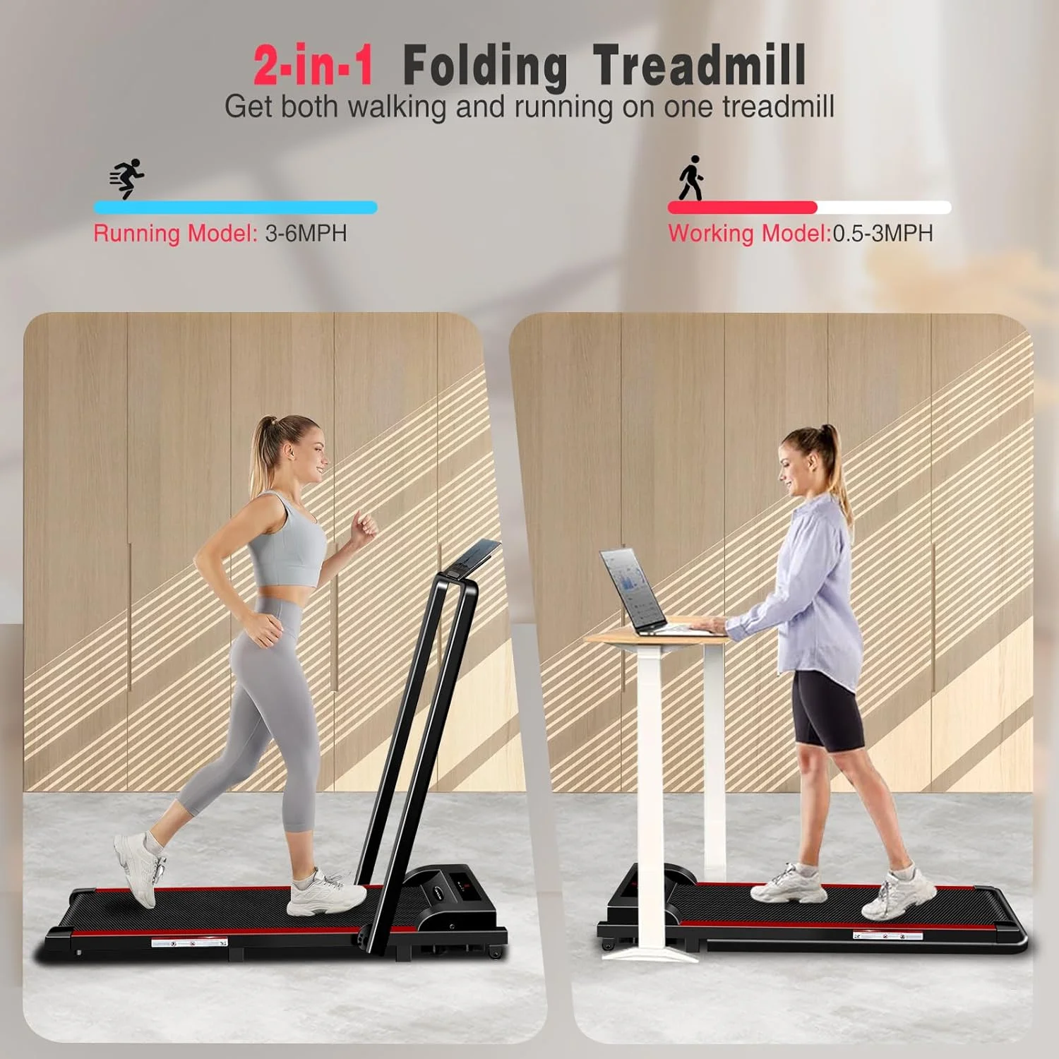 2 in 1 Walking Pad Treadmill, Foldable Treadmills with Handle Bar, 2.5HP Portable Folding Treadmill with Remote Control, Under Desk Treadmill for Home Office, Small Treadmill, 300lb