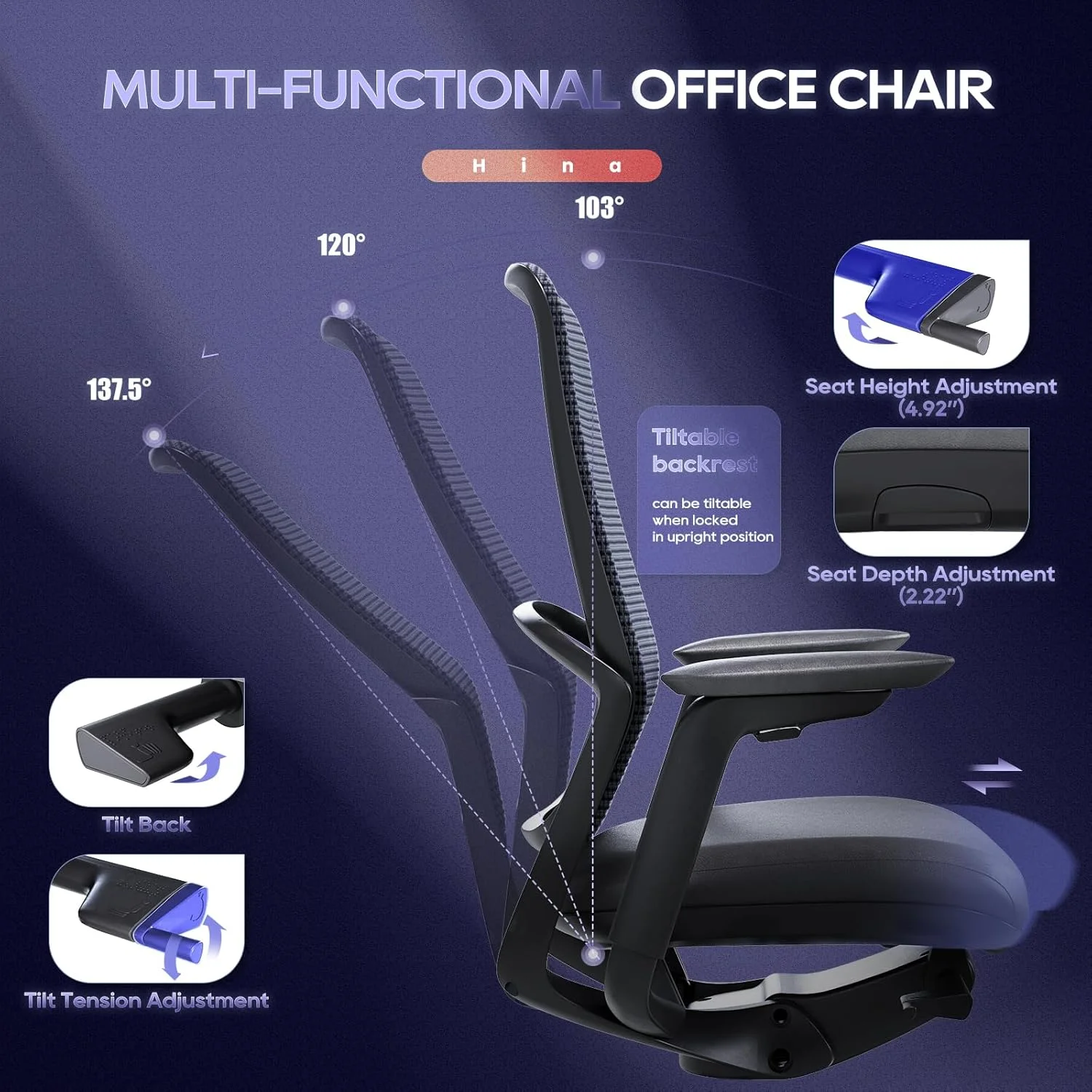 Ergonomic Office Chair, High Back Mesh Desk Chair with Adjustable Lumbar Support, Reclining Backrest, 4D Armrests, Breathable Mesh, Comfortable Computer Chair for Home Office, Work,Study