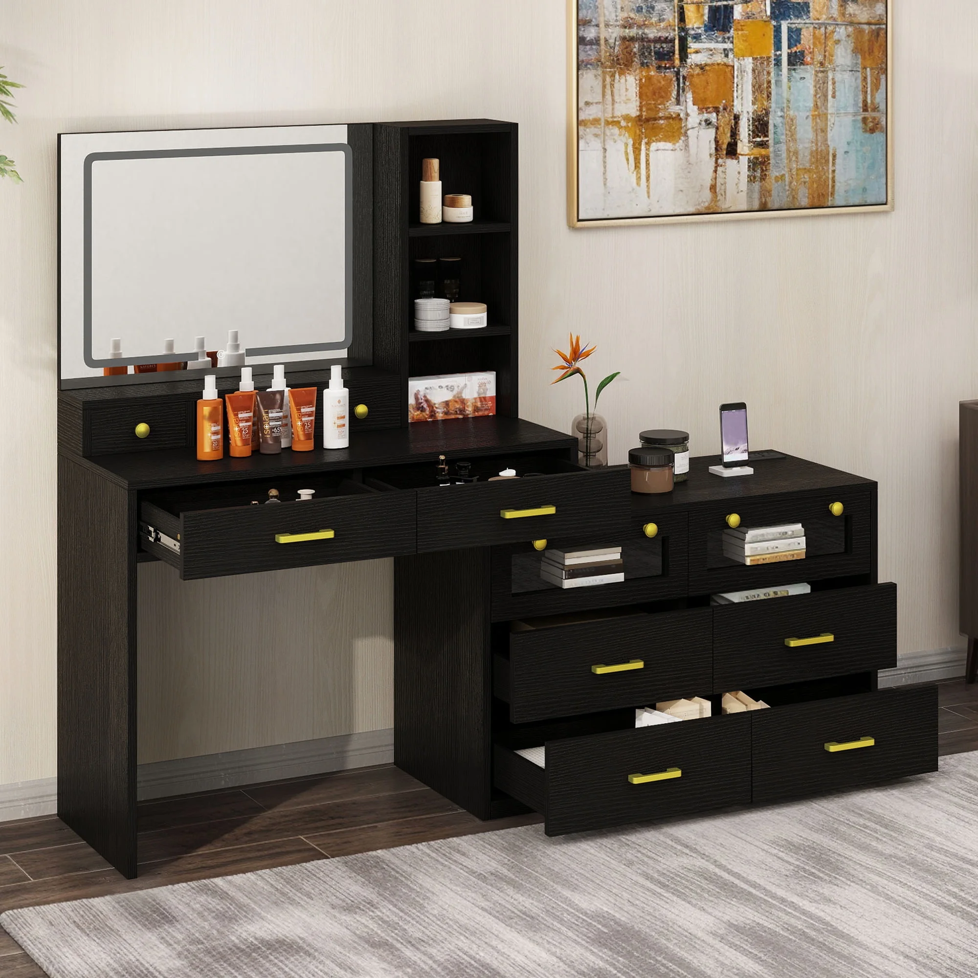 Uforic Vanity Makeup Desk with LED Light Mirror & Power Outlet, 10 Drawers, 4 Storage Shelves, 3 Color Modes & Adjustable Brightness Dressing Table, Corner Vanity,L Shape Change, 65