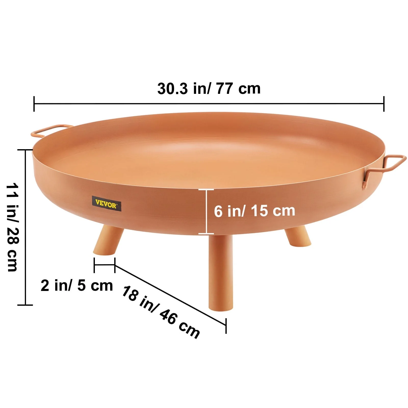 VEVOR Fire Pit Bowl, 30-inch Deep Round Carbon Steel Fire Bowl, Wood Burning for Outdoor Patios, Backyards & Camping Uses, with A Drain Hole, Portable Handles and A Firewood Stick, Brown
