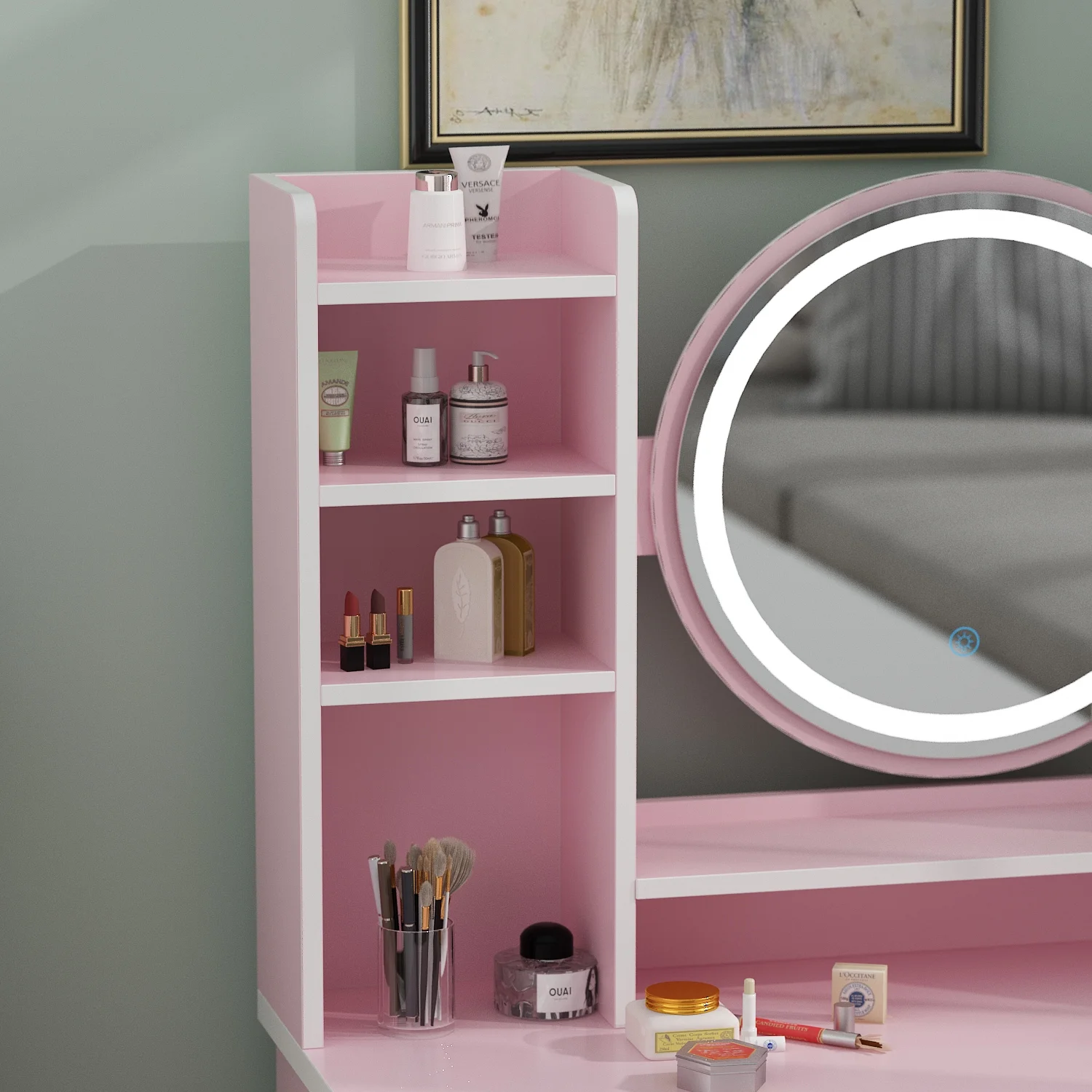 OXYLIFE Makeup Vanity Desk Table with Sliding LED Lighted Mirror, Cushion Stool, 4 Drawers and Shelves, White+Gray