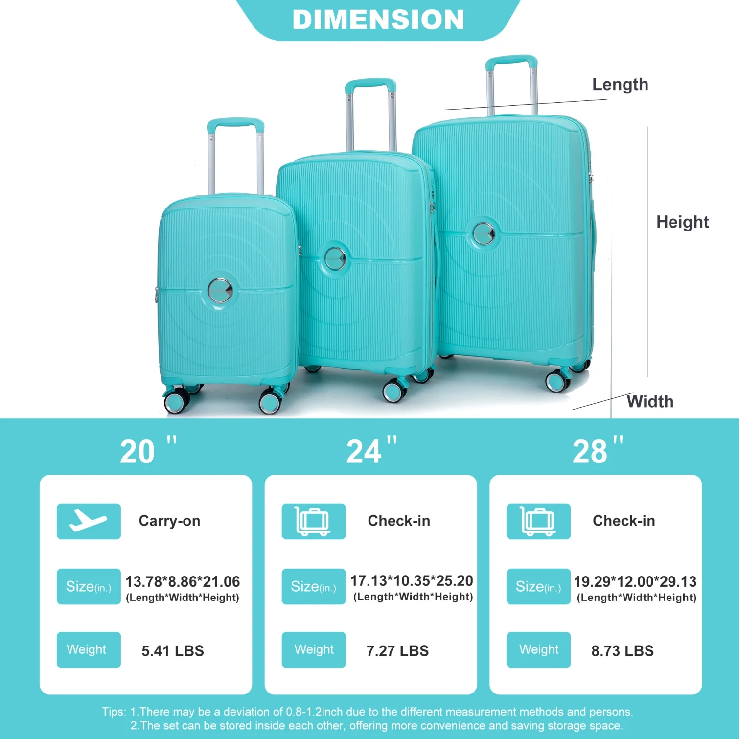 3 Pieces Luggage Set (20/24/28), Expandable PP Lightweight Hardshell Durable Suitcase with 4 Double 360 Degrees Mute Spinner Wheels and TSA Lock for Men Women, Black