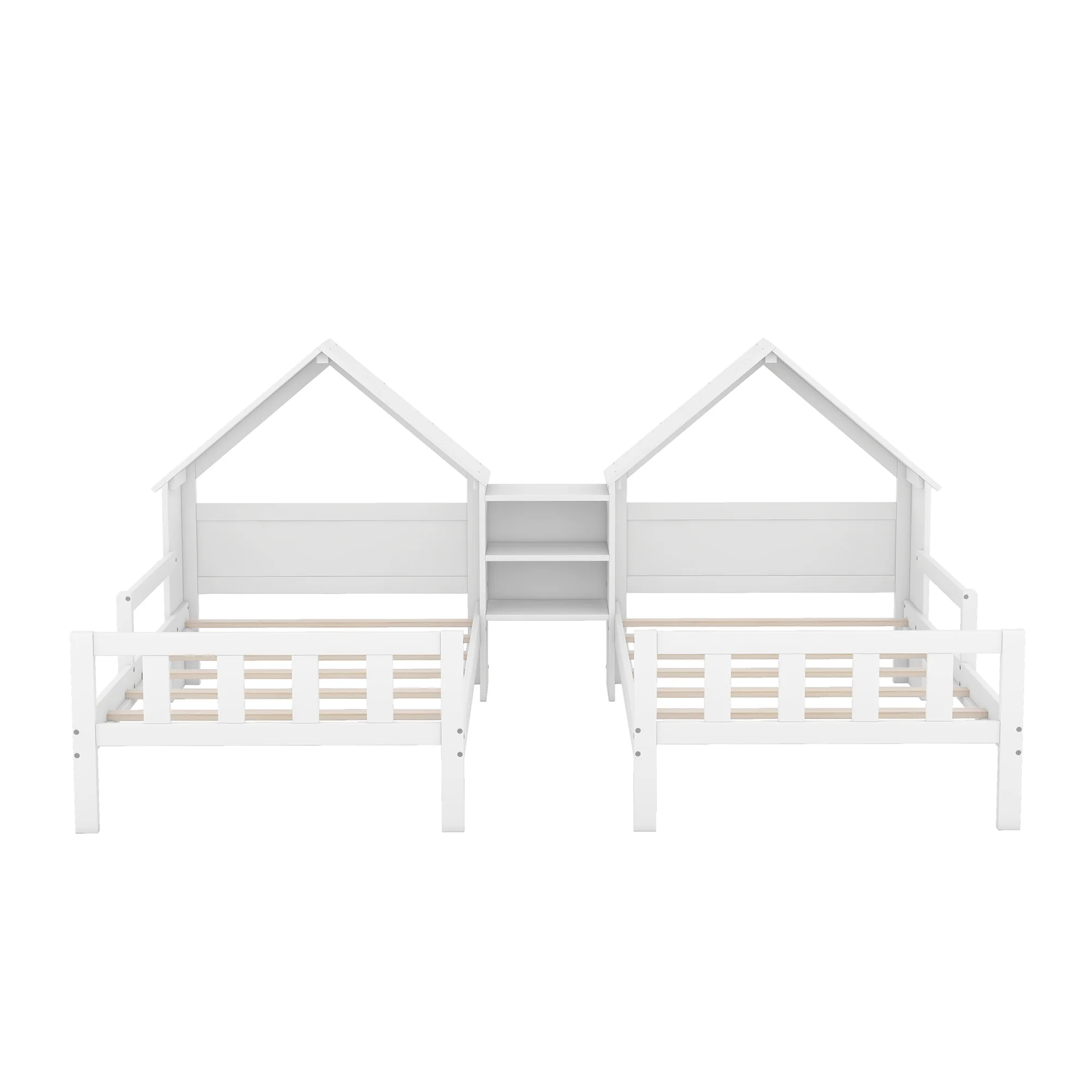 Euroco Twin Size Wood House Platform Bed, Two Beds in One with Desk and Shelf, 2 Platform Beds for More Kids Teens, Gray