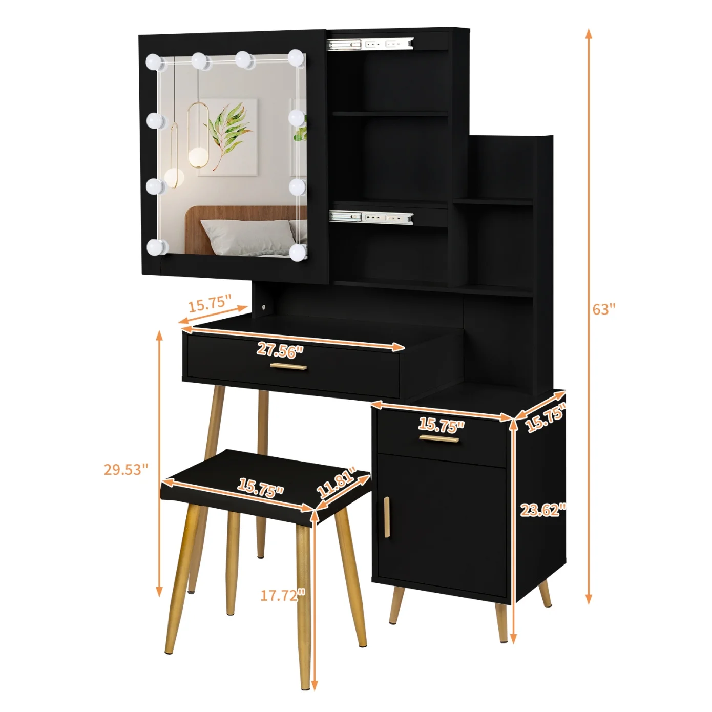 Black Bedroom Makeup Vanity Set, Vanity Desk with Light, Mirror and Cushioned Stool, Modern Makeup Dressing Table for Girls, Wife, Daughter, Mother, Adjustable Light Brightness