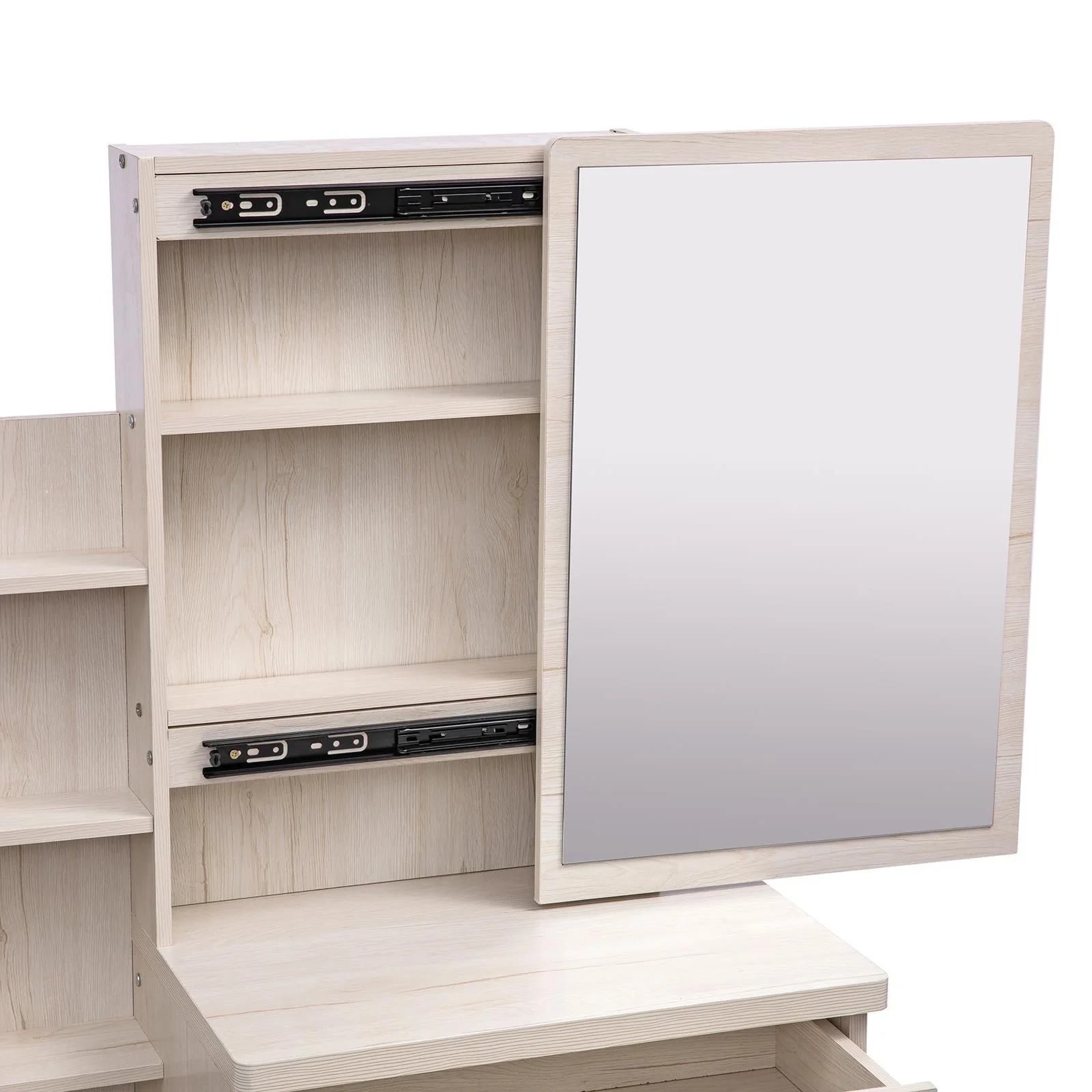 UBesGoo Vanity Set with Sliding Mirror, Makeup Vanity Dressing Table with 4 Drawers, Shelves, Dresser Desk and Cushioned Stool Set (White Oak Color)