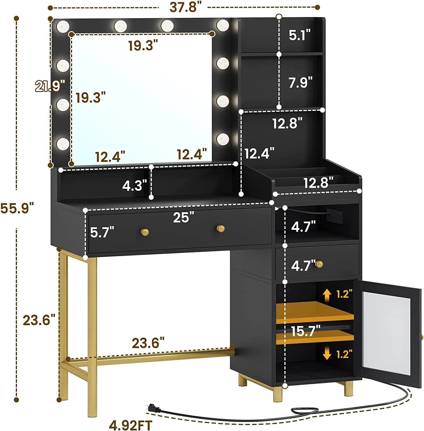 Makeup Vanity Desk with Lighted Mirror and Drawers, Vanity Desk Table Dressing Table with Charging Station & Lights for Bedroom, Black