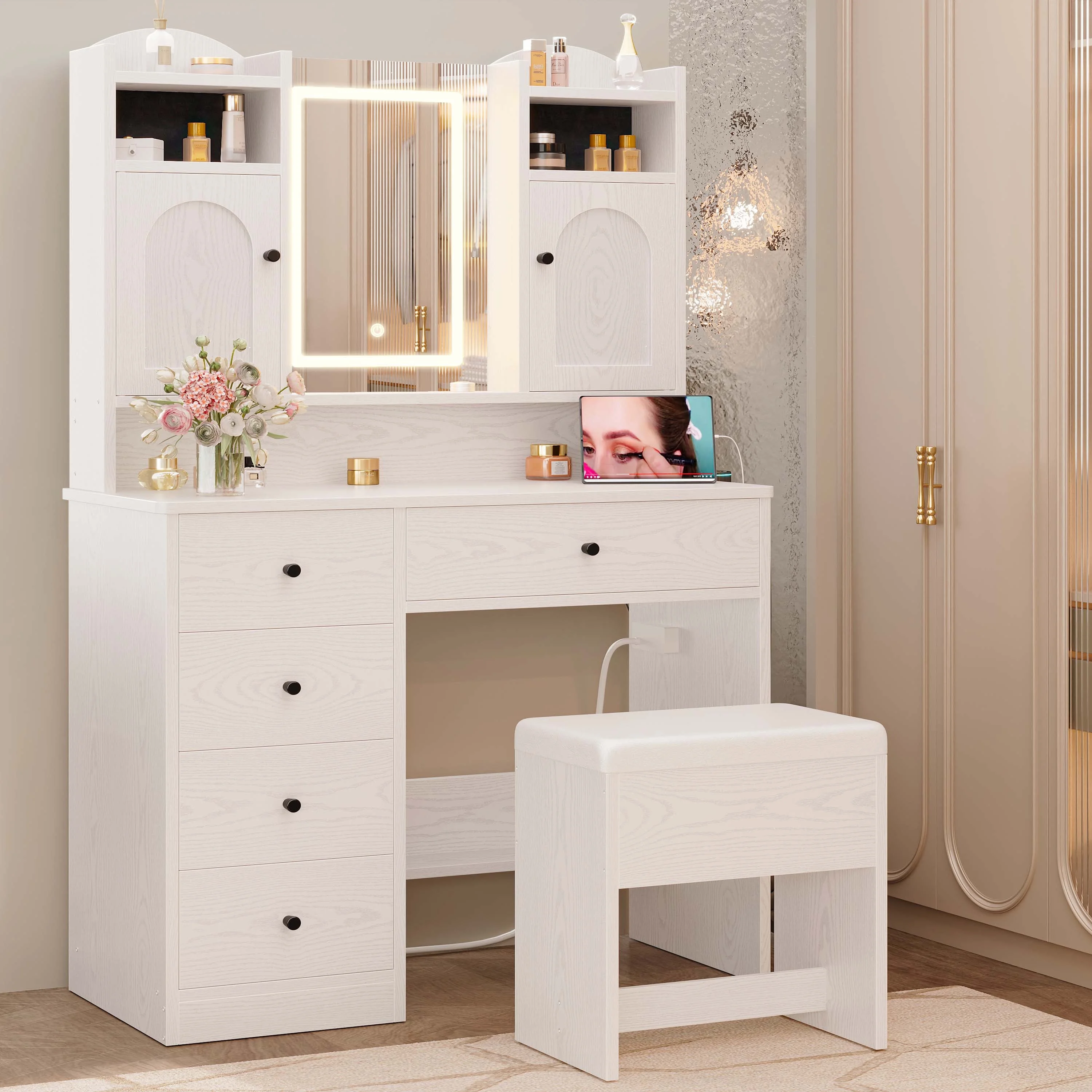 IRONCK White Vanity Set with Mirror and Lights, Makeup Vanity Desk with 5 Drawers & 2 Cabinets & Charging Station