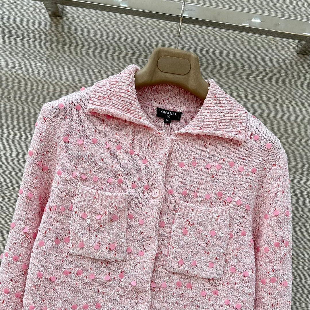 Custom-dyed cherry blossom pink, heavy retro hemp yarn sequined wool knitted polo long-sleeved top