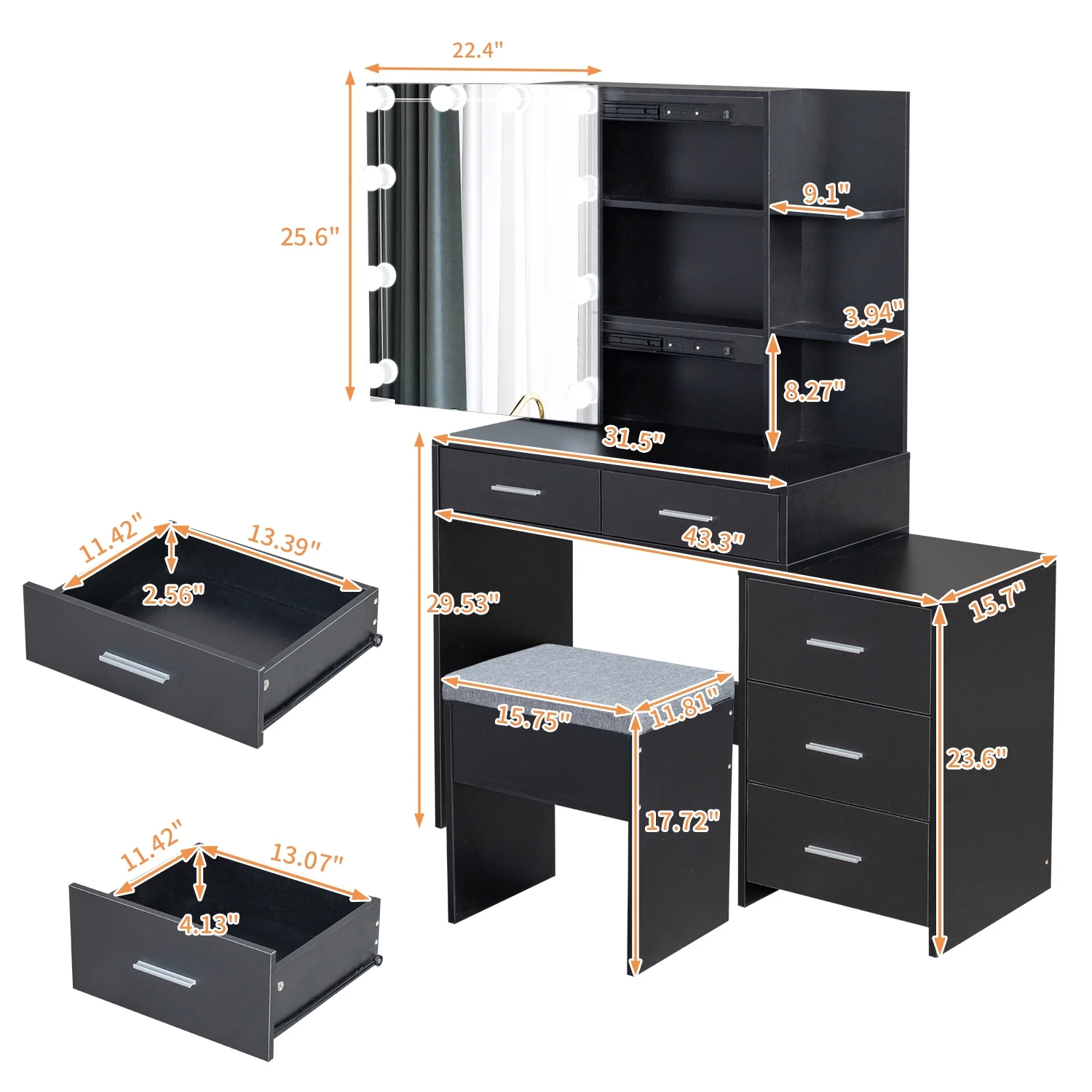 Ktaxon Flutted Makeup Vanity Table Set with 5 Drawer, Dressing Table w/Charging Station, Vanity Desk for Femal Gift, White