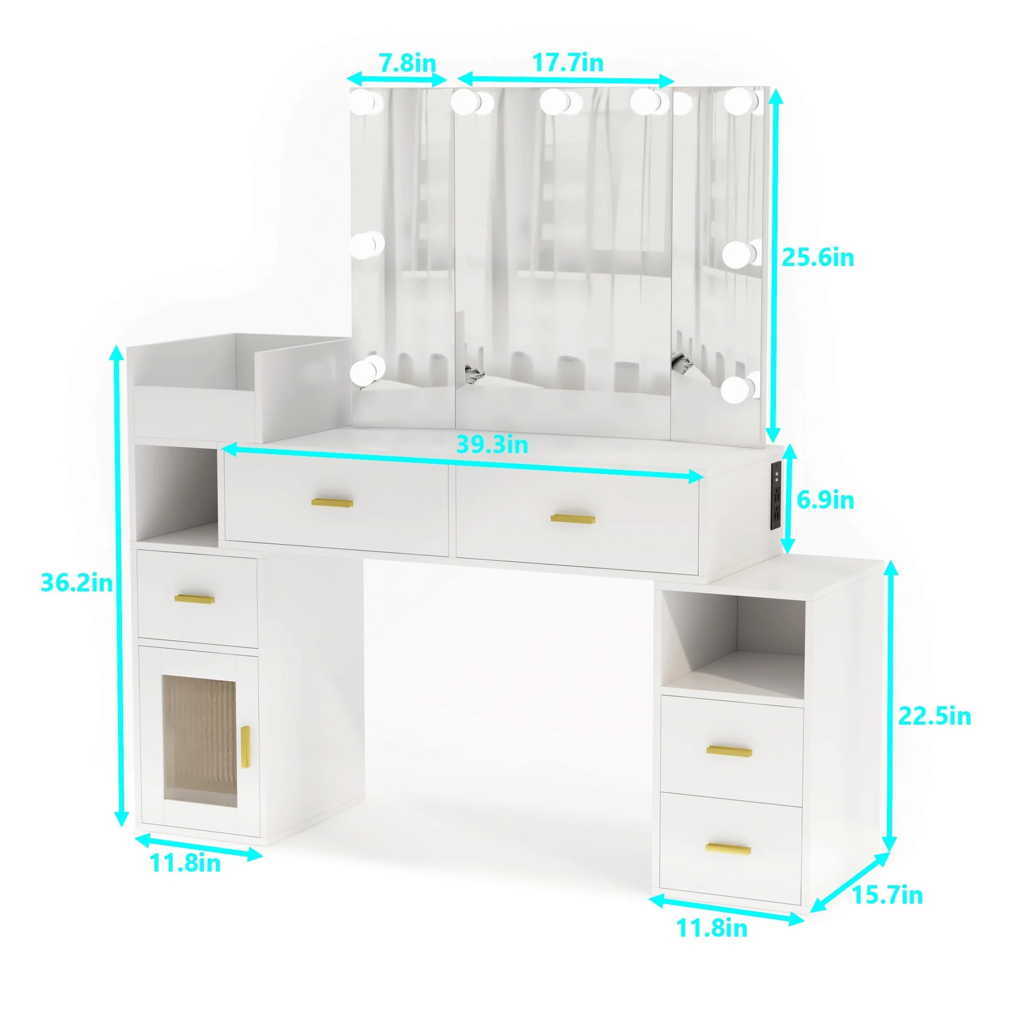 VIVISPECIAL Vanity Set with Lighted Mirror, Makeup Vanity with 3 Lighting Options and Charging Station, Large Vanity Desk with Storage Shelves, 5 Drawers, Glass Cabinet