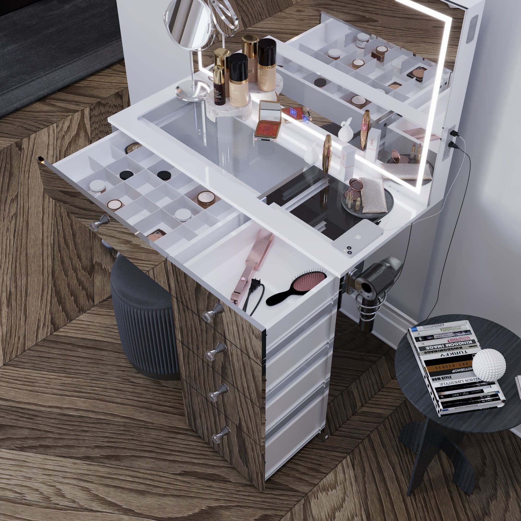 Boahaus Alana White Vanity Desk with LED Lighted Mirror, 5 Drawers, Jewelry Divider, Bluetooth Speakers, and Charging Station