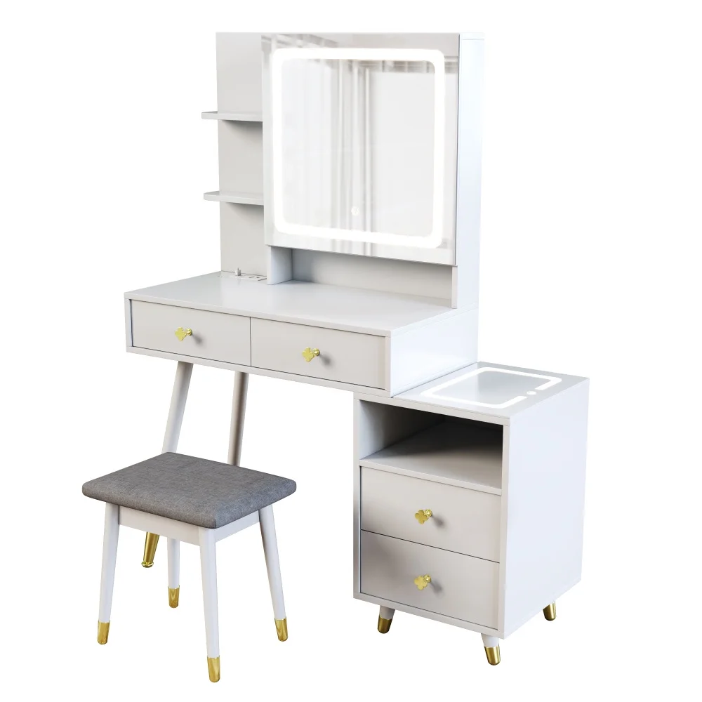 Black Bedroom Makeup Vanity Set, Vanity Desk with Light, Mirror and Cushioned Stool, Modern Makeup Dressing Table for Girls, Wife, Daughter, Mother, Adjustable Light Brightness