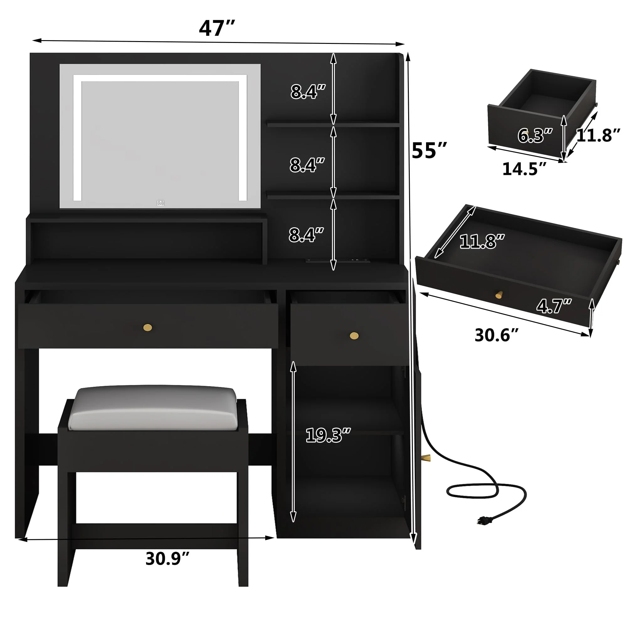 ChVans White Vanity Desk with Lighted Mirror & Charging Station, Vanity Table Set w/3 Storage Shelves,2 Drawers,Storage Cabinet & Makeup Vanity Cushioned Stool(White-37