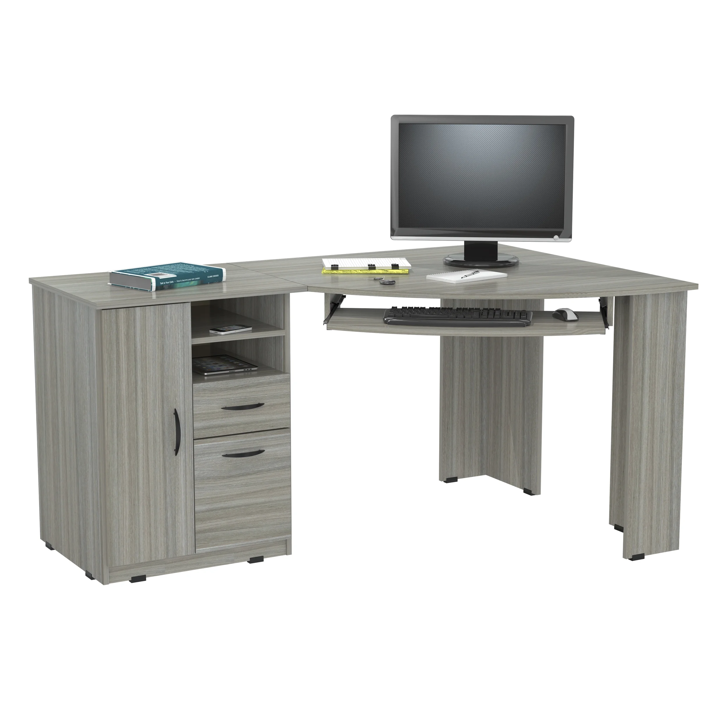 Inval Modern Corner Desk with 2 Drawers and Cabinet, Washed Oak