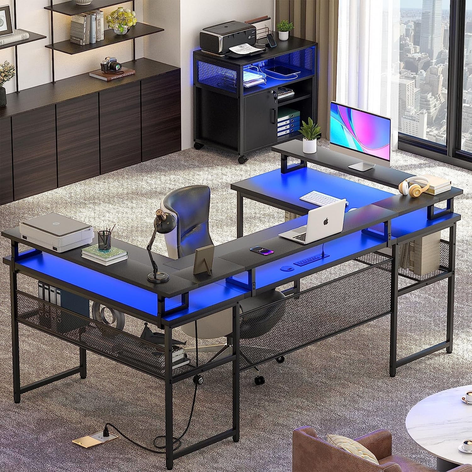 Homieasy U Shaped Desk with Power Outlet, 83 inch Reversible L-Shaped Gaming Desk with Monitor Stand and LED Strips, 2 Person Corner computer Desk with Storage Shelf for Home Office, Black