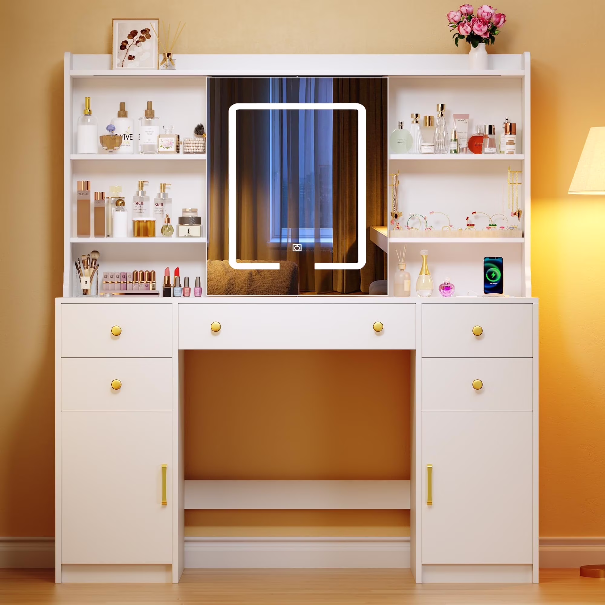 Tomnk White Vanity with Lights Mirrors, Makeup Vanity Desk with Drawers and Chair, Power Outlet