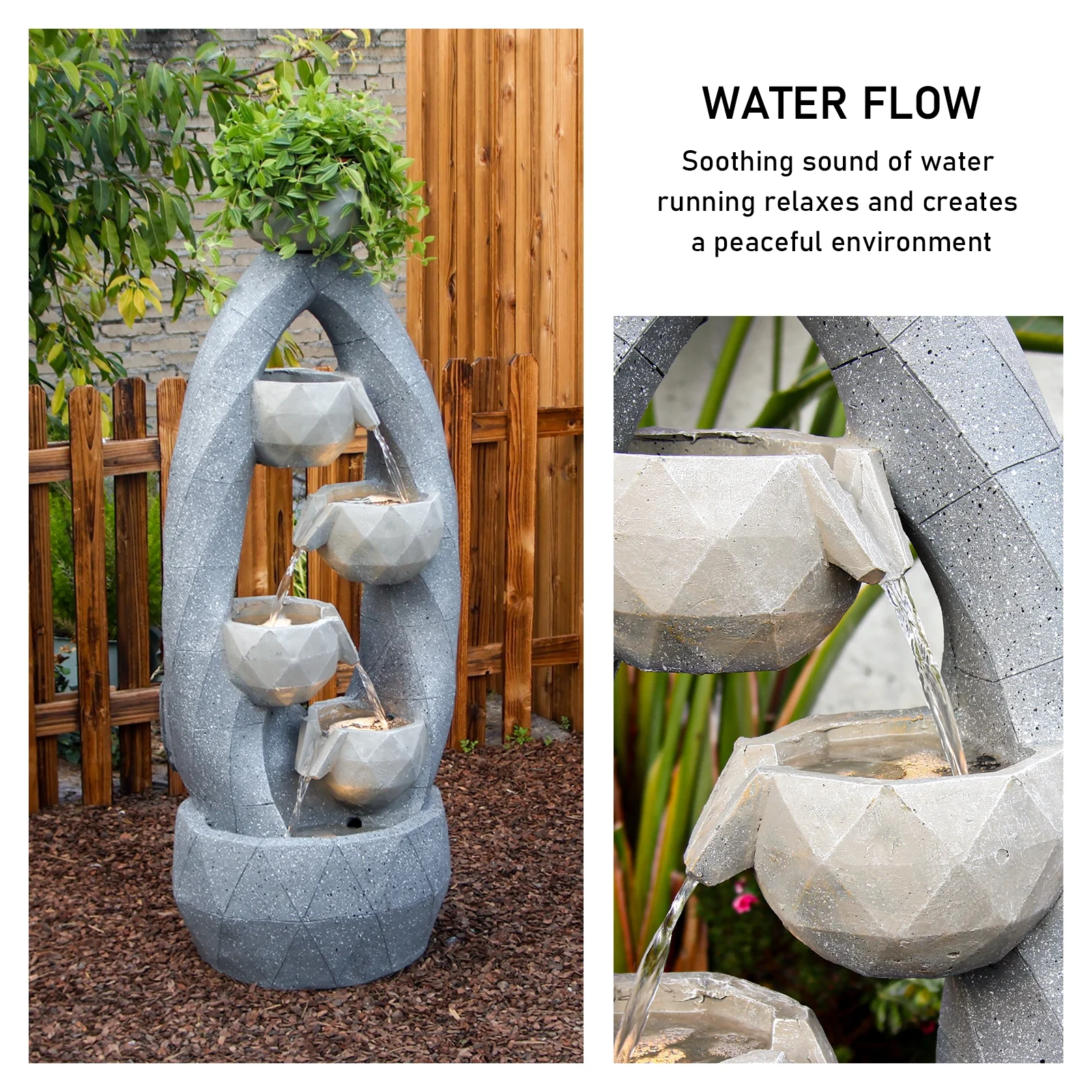 4-Tiered Water Fountain Outdoor Modern Circle Design Indoor Waterfall Garden Fountains Bowl Planter Water Feature with LED Light for Patio Yard Porch and Home Art Decor 45.87''H