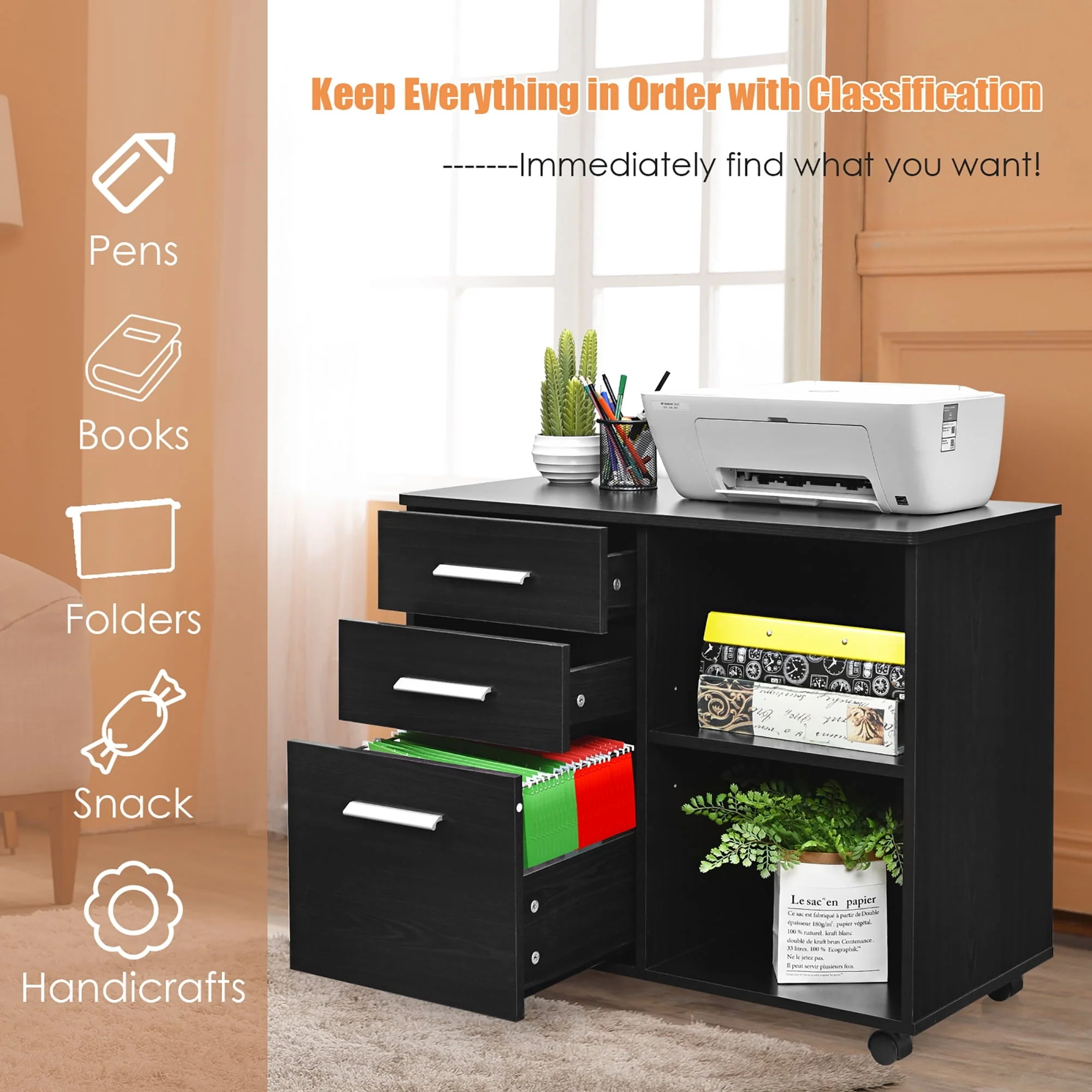 Costway 3-Drawer File Cabinet Mobile Lateral Cabinet Printer Stand Black