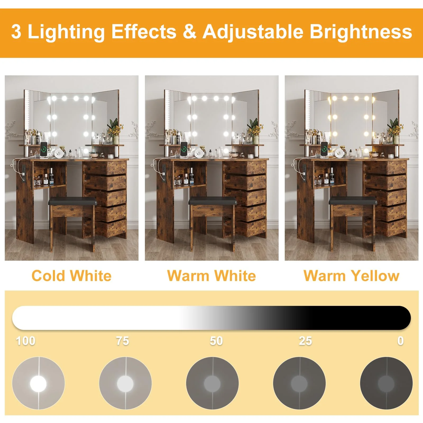 Ataucjin Makeup Vanity Desk With Lights Mirror & Power Outlet Corner Makeup Vanity Table With 5 Rotating Drawers Shelves And Stool 3 Color Lighting Makeup Table Bedroom Dressing Table
