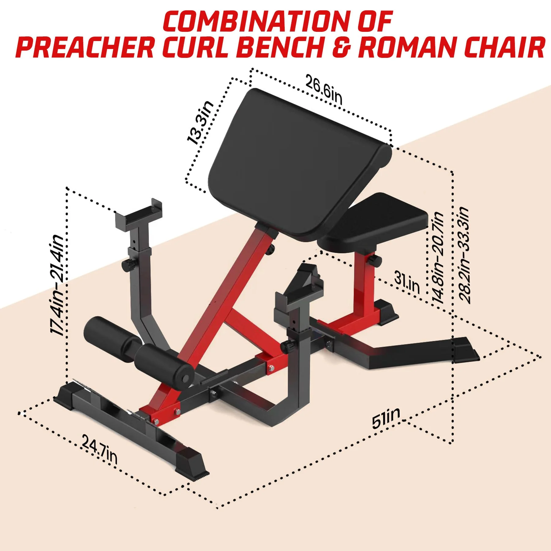 TROPOW 2-In-1 Roman Chair & Preacher Curl Bench Multi-Function Heavy-Duty Hyperextension Bench for Arms, Ab, Back, Glute & Leg Extension with Adjustable Height Exercise Equipment