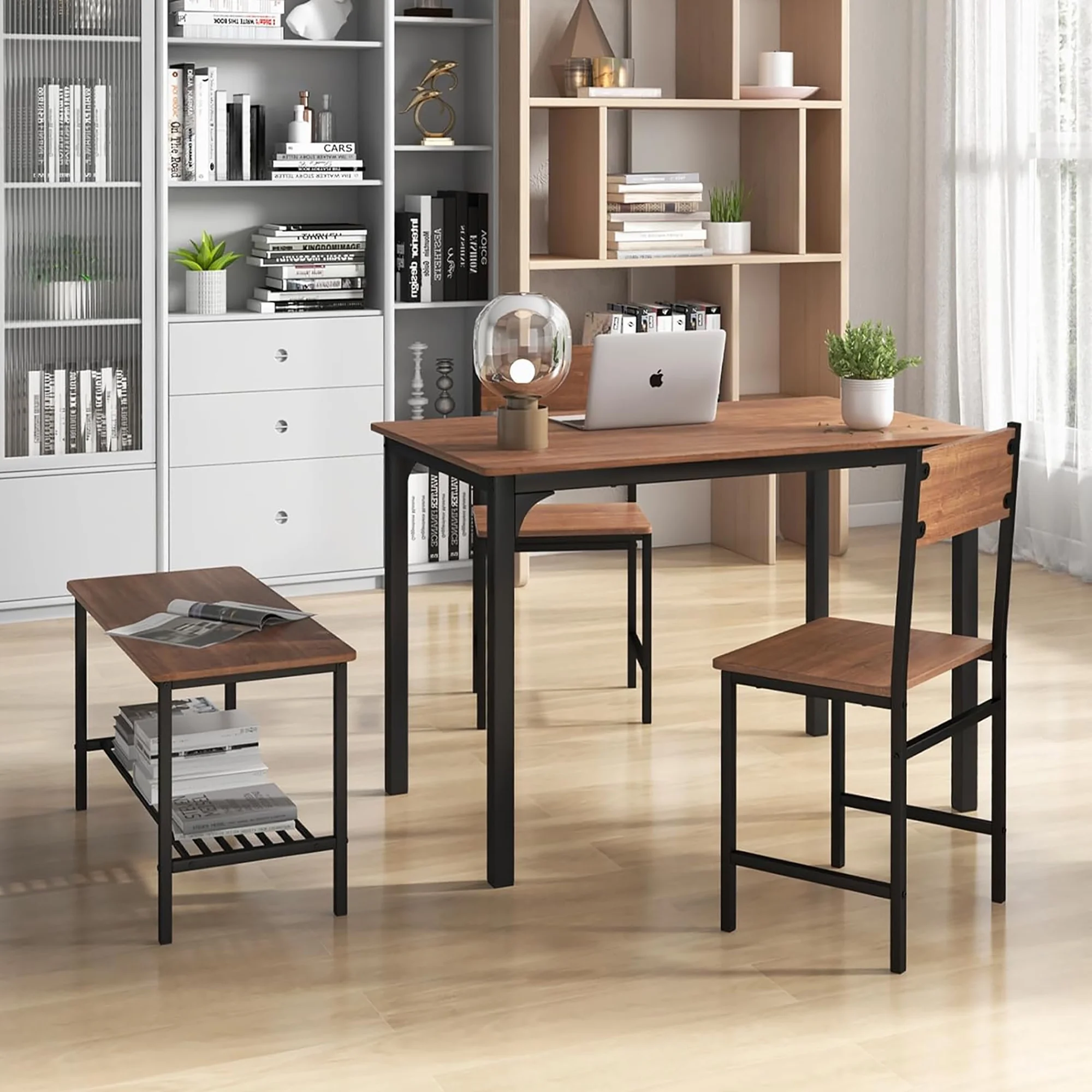 Gymax 4pcs Dining Table Set Rustic Desk 2 Chairs & Bench w/ Storage Rack Grey