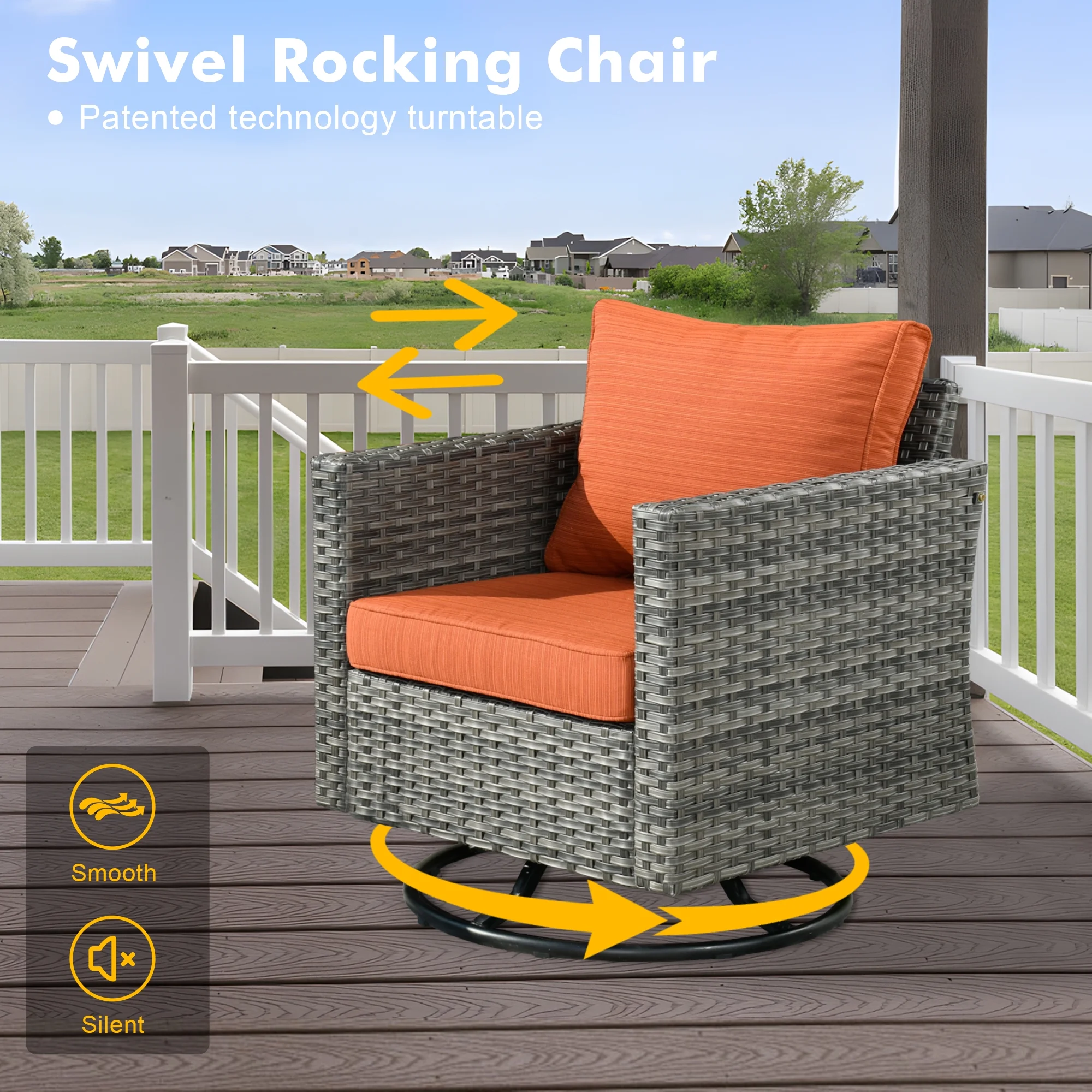 Ovios 6 Pieces Outdoor Patio Furniture Set with Gas Propane Fire Pit Table Wicker Outdoor Conversation Set with Swivel Rocking Chair for Backyard, Cushion Beige