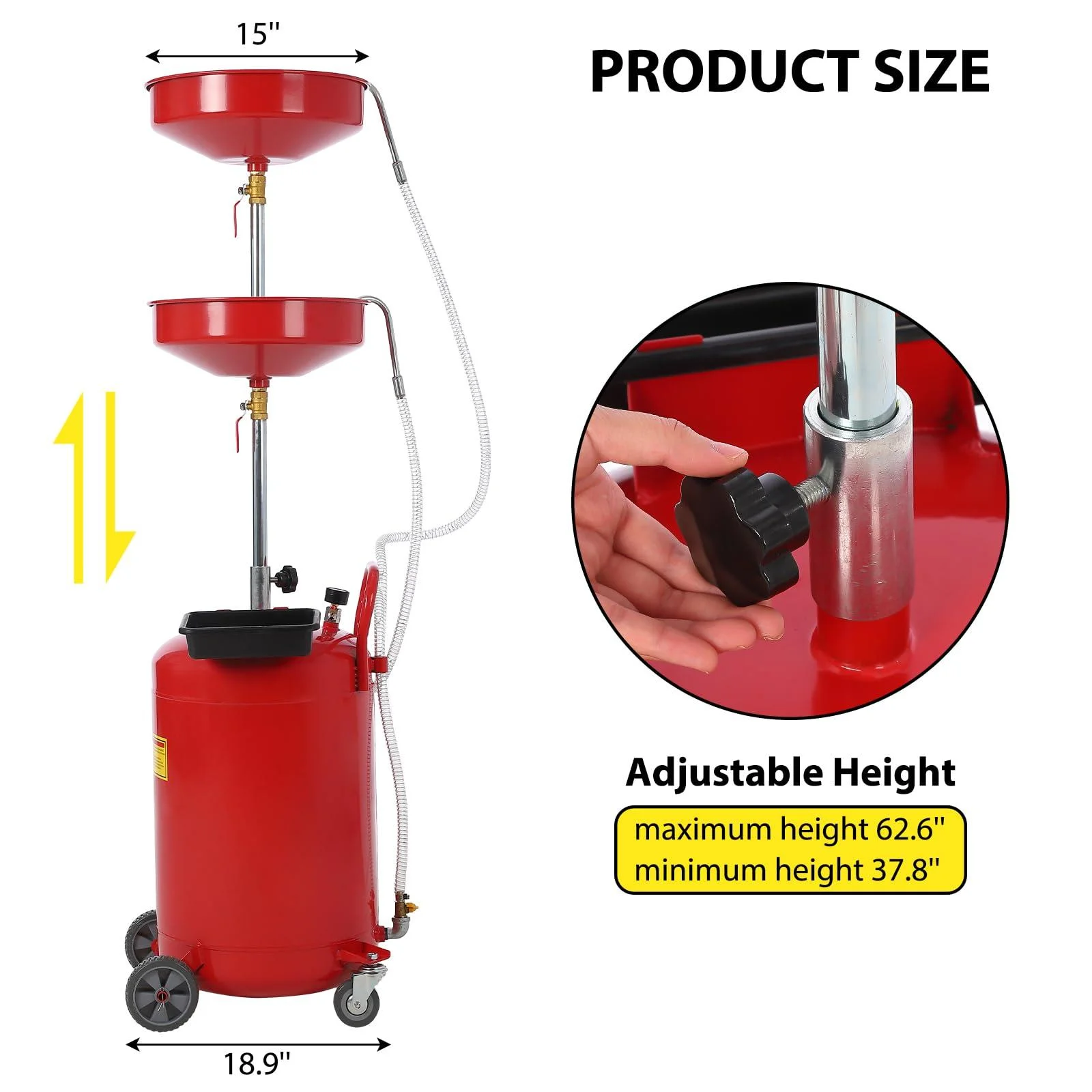 Pinypikaka 8 Gallon Waste Oil Drain Tank, Portable Oil Drain Container, Air Operated Drainer, Fluid Fuel Transfer Drainage, Adjustable Funnel Height with Wheel &15'' Premium Bowl and a Toolbox