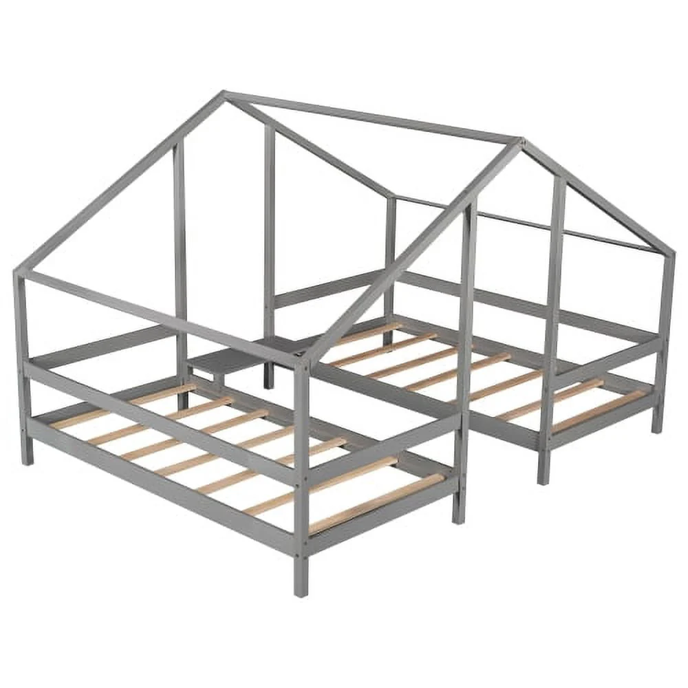 Double Shared Twin Size Canopy Platform Beds with Built-in Desk, Bedroom Wood House Bedfram for Kids, Adults and Teen, No Spring Box Required, Solid Upgrade