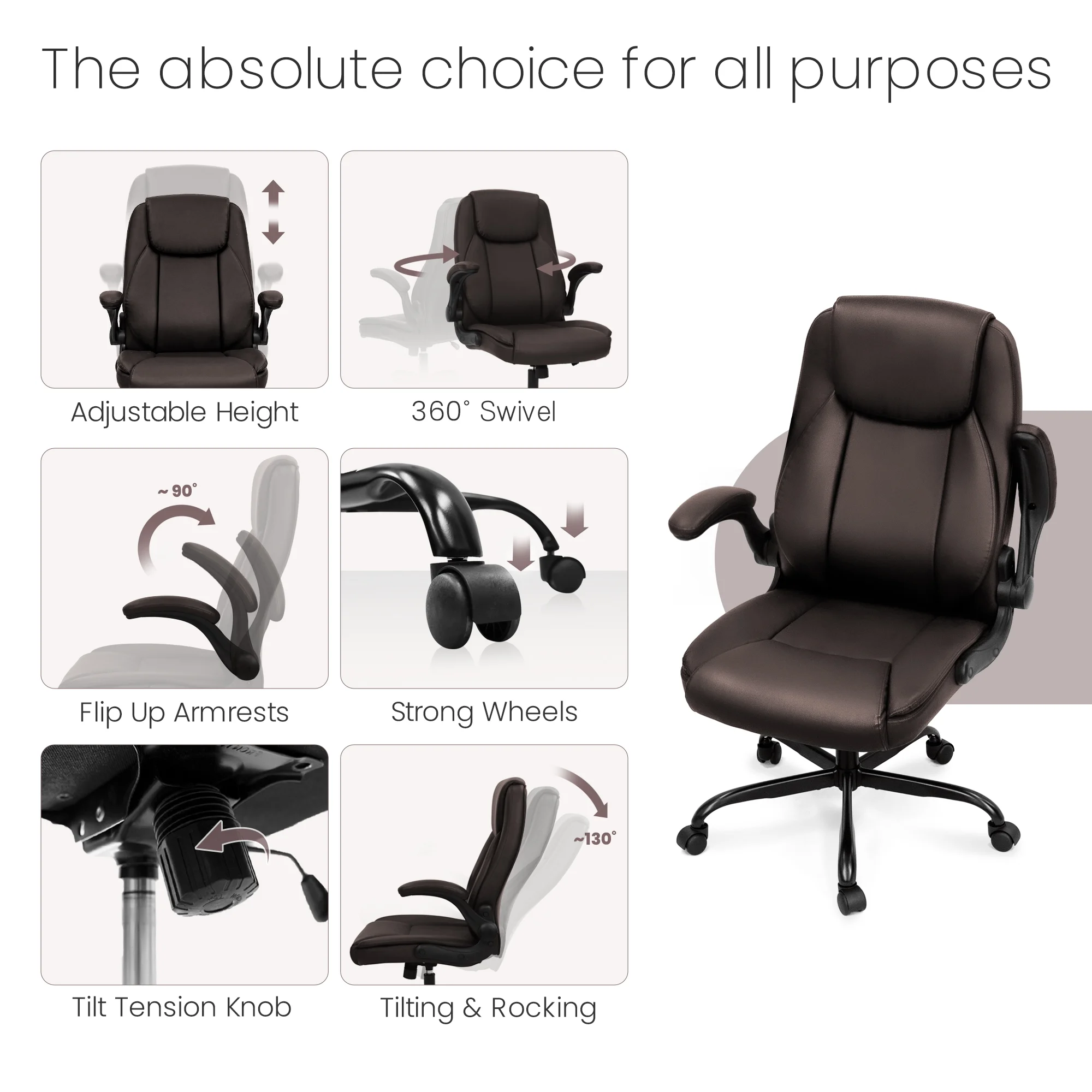 NEO CHAIR Executive Office Chair, Ergonomic High back Cushioned, Wide Leather Seat 8 Hours Heavy Duty Design, Flip Up Armrest Computer Desk Chair, Black