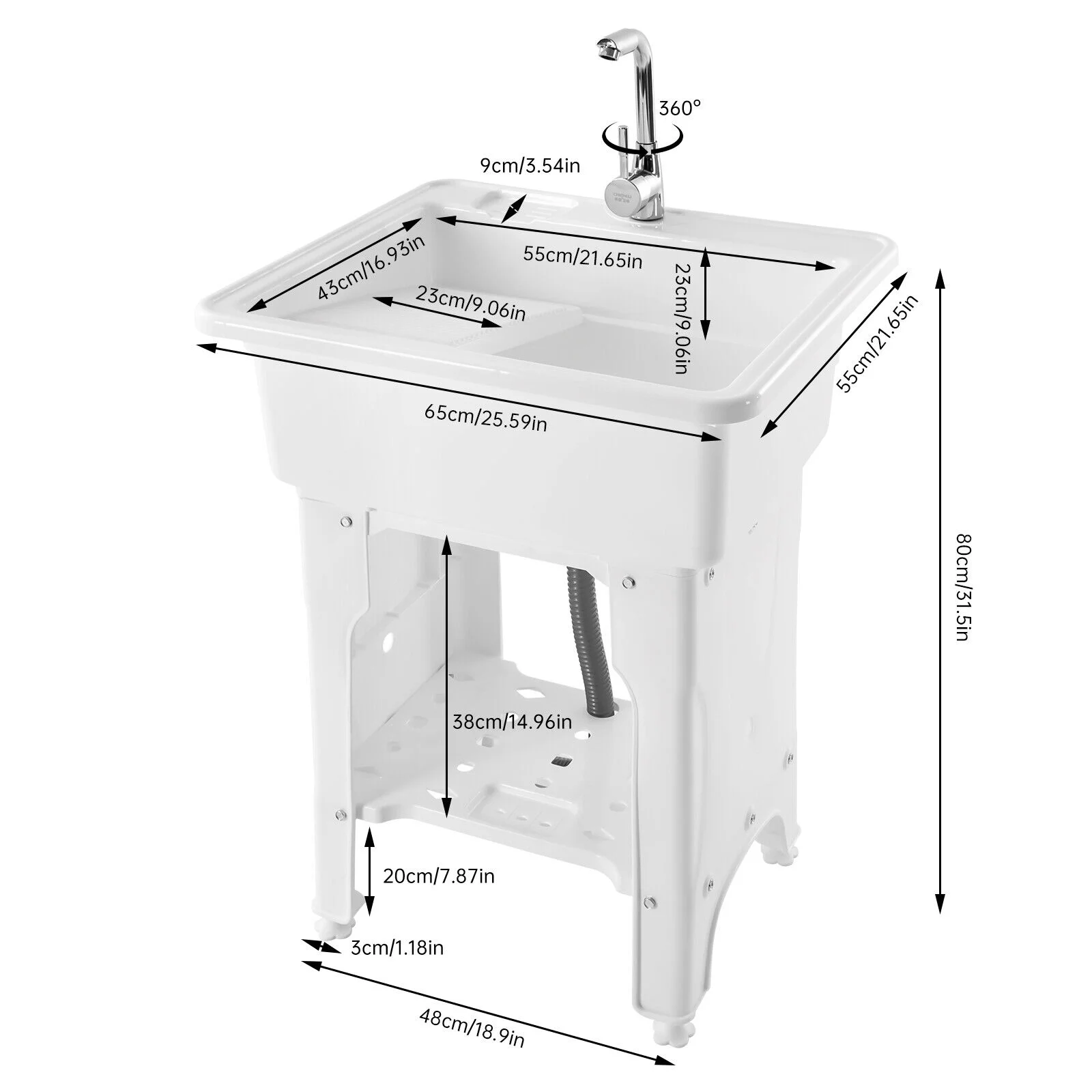 Freestanding Laundry Sink Plastic Basin Tub Utility Wash Bowl with Hot&Cold Faucet/Washboard for Sundry Rooms