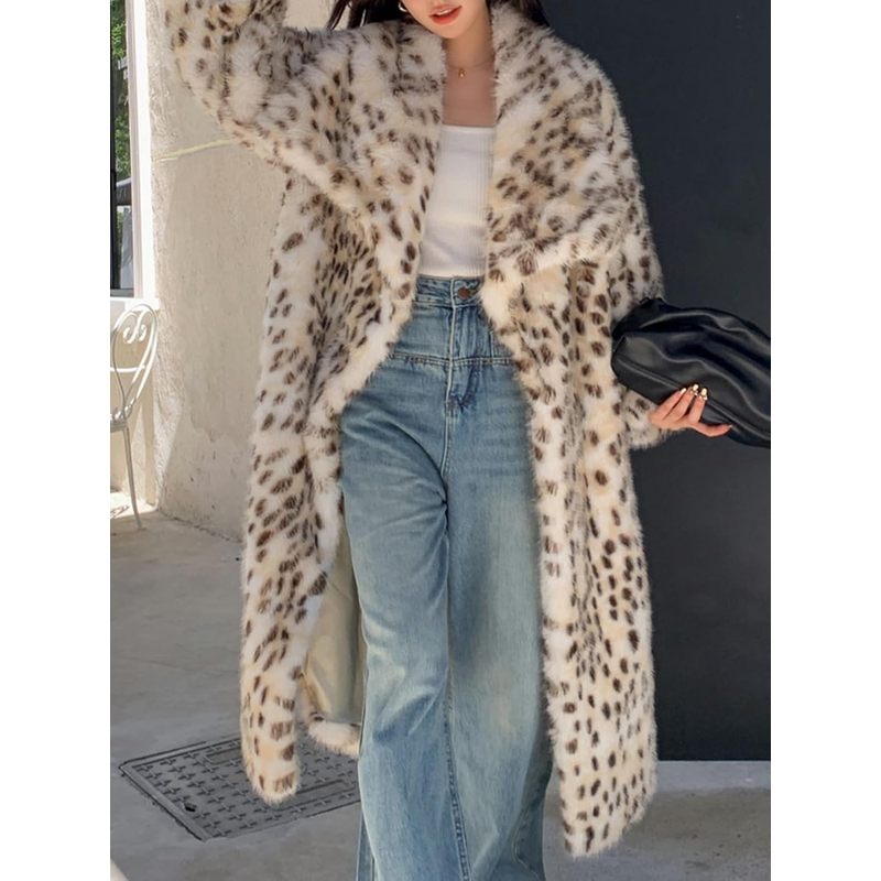 Women's Faux Fur Leopard Long Coat with Lapel