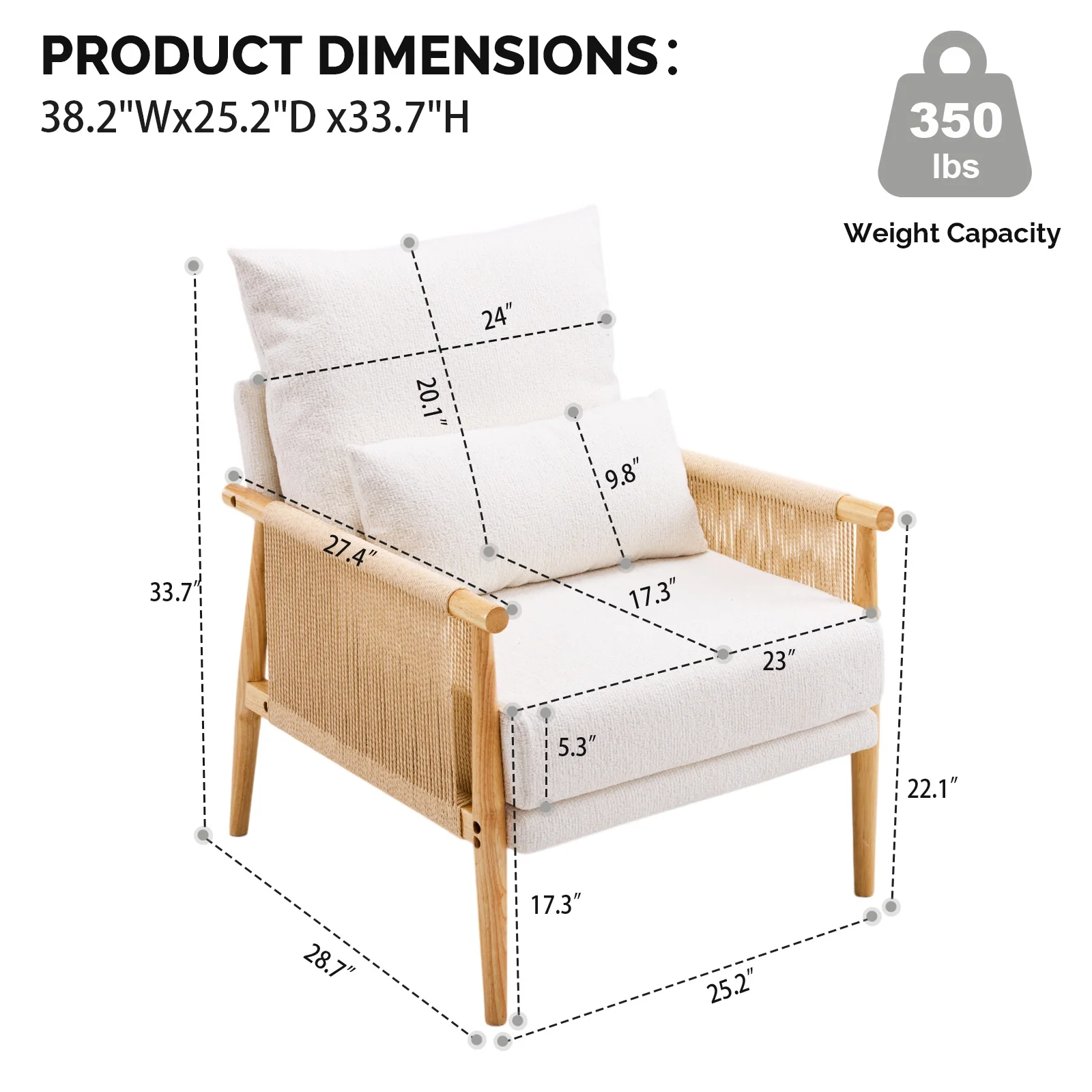 Ktaxon Accent Chair, Solid Wood and Jute Rope Armrests Armchair, Single sofa with Lumbar Pillow for Living Room Bedroom Office Off White