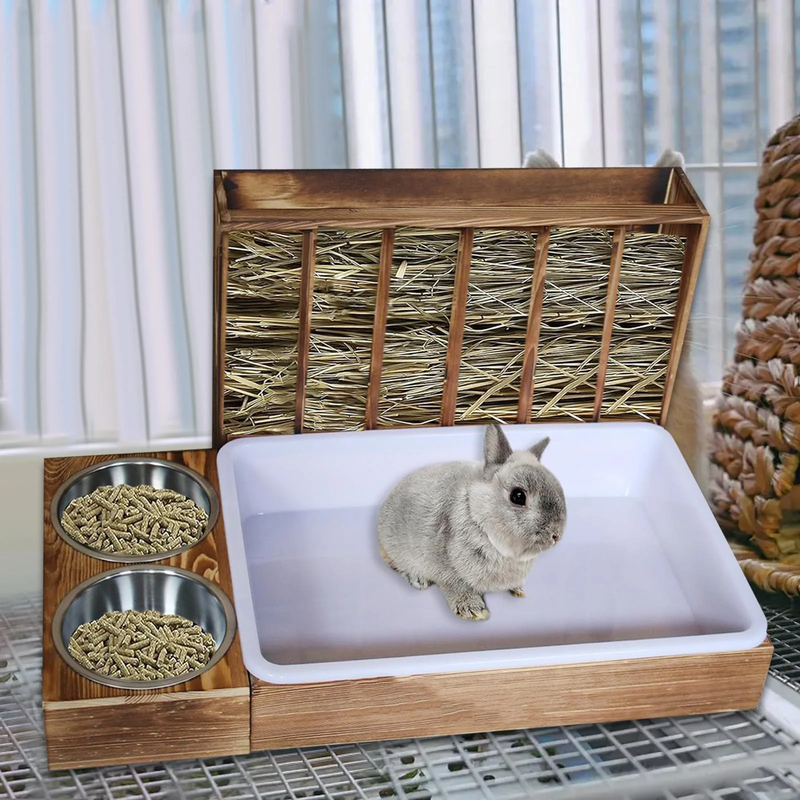oshhni Rabbit Hay Feeder with 2 Bowls and Litter Box Cage Accessories Hay Container