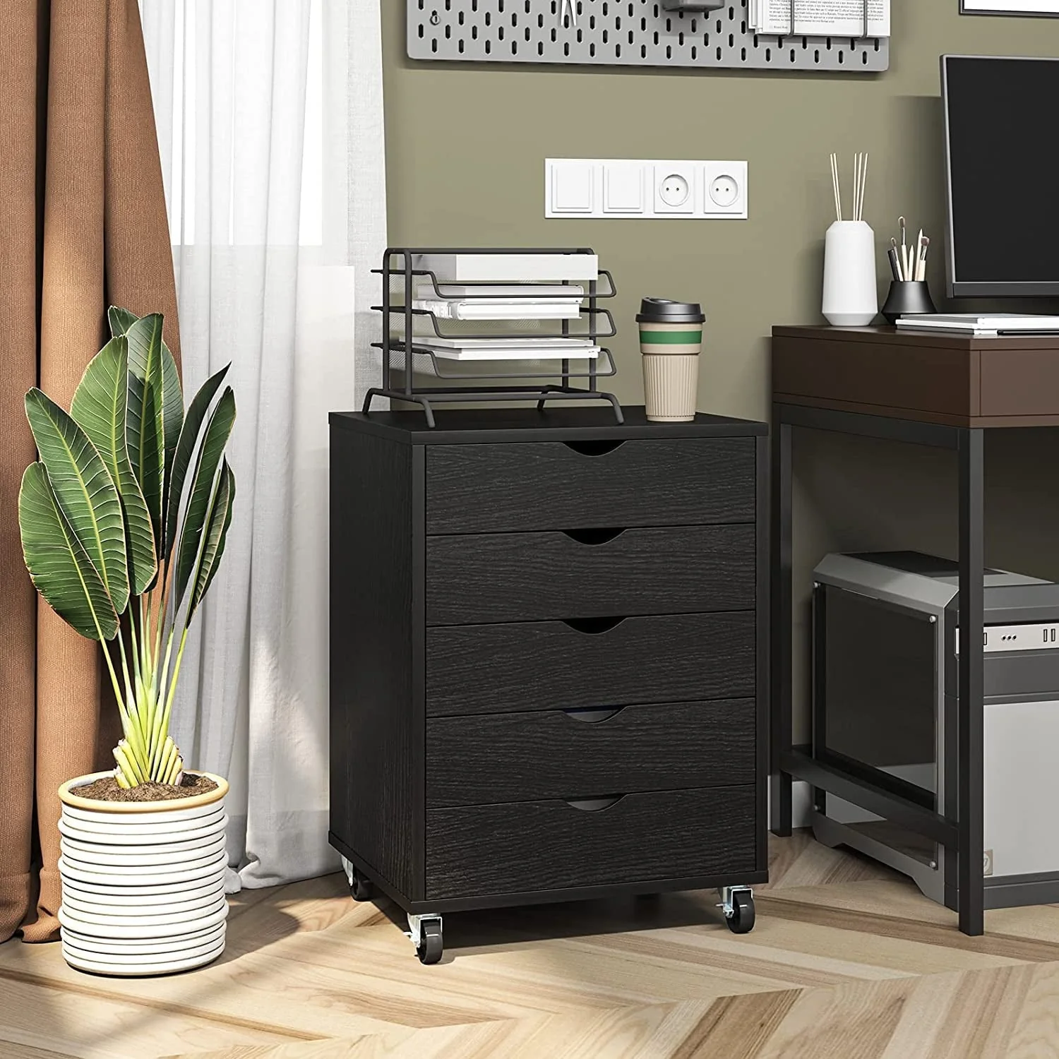 Dextrus 5-Drawer Wooden File Cabinet Chest Mobile Organizer Office Storage for Office Room,Black