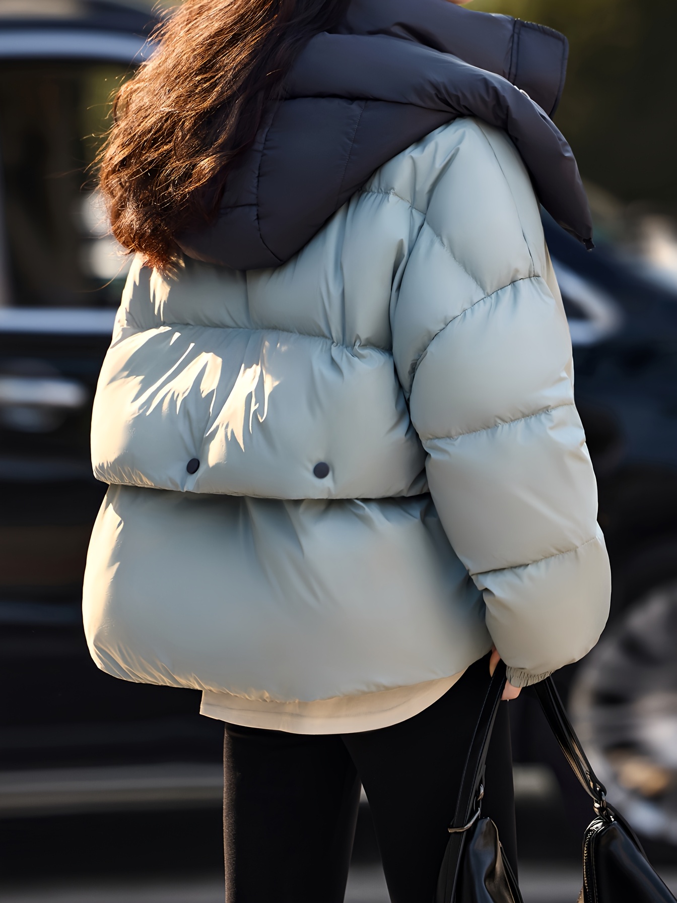 MOHOMO Chic Color Block Hooded Puffer Jacket for Women – Warm White Duck Down, Zip-Up Winter Coat