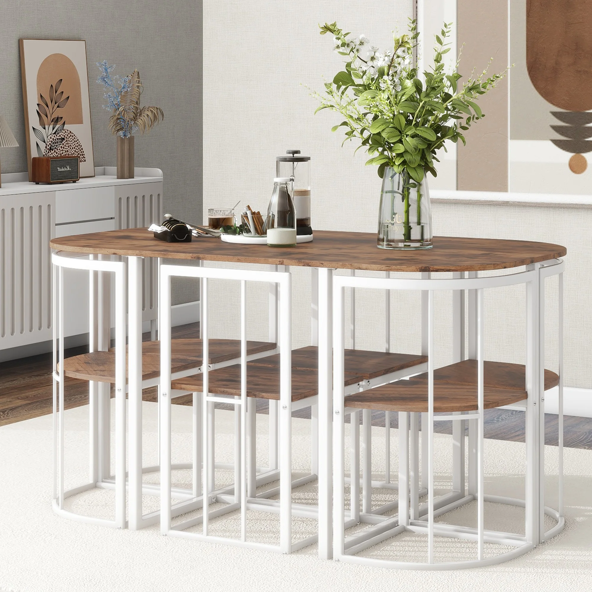 7-Piece Dining Set, Compact 55 Inch Rectangular Dining Table with 6 Compact Chairs for Home, Apartment w/ 6 Chairs, Wooden&Steel Frame, Breakfast Nook