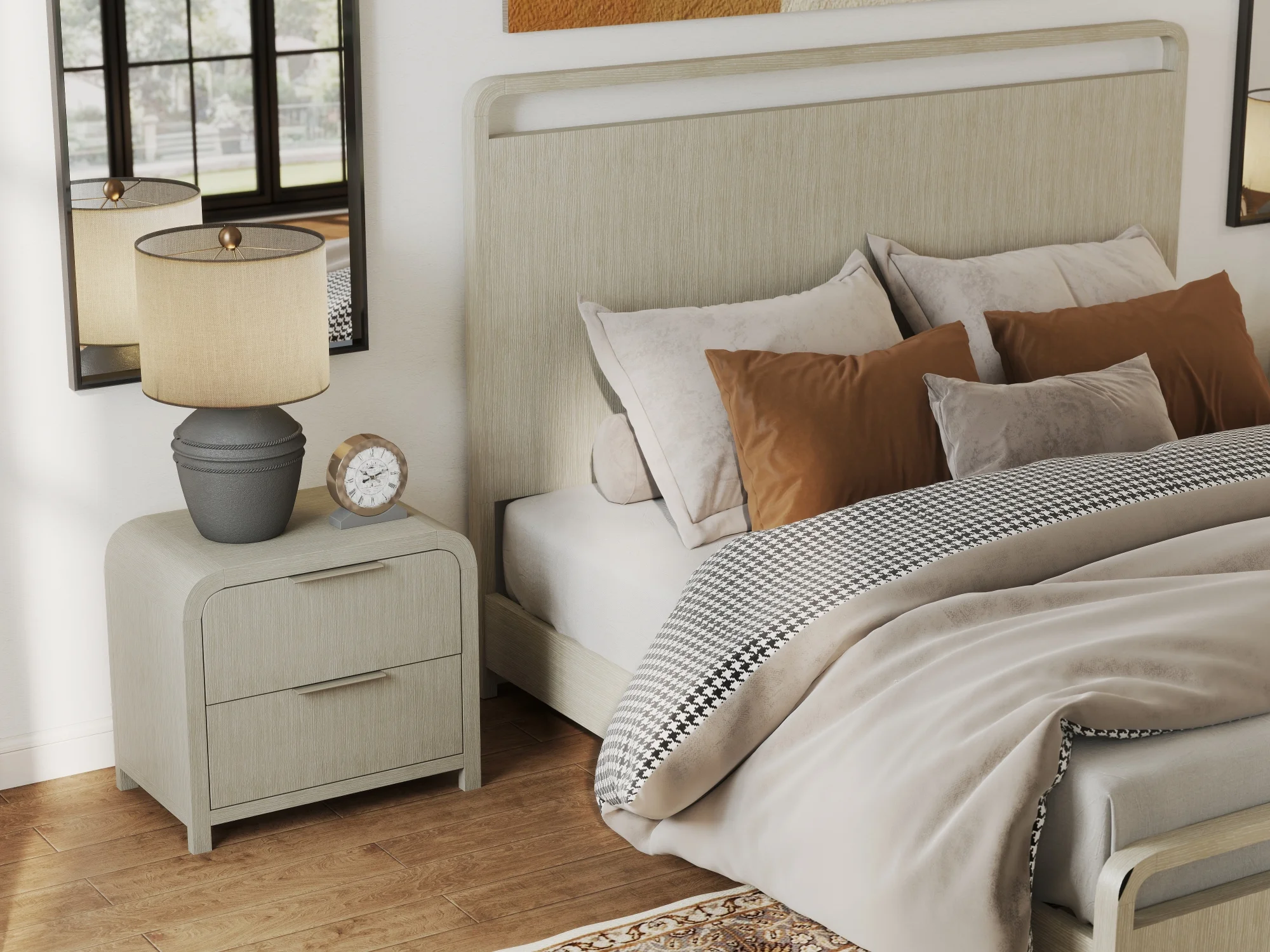 Roundhill Furniture Tavari 6-Piece Bedroom Set with Panel Bed, Dresser, Mirror, Two Nightstands, and Chest in Light Gray, King Size