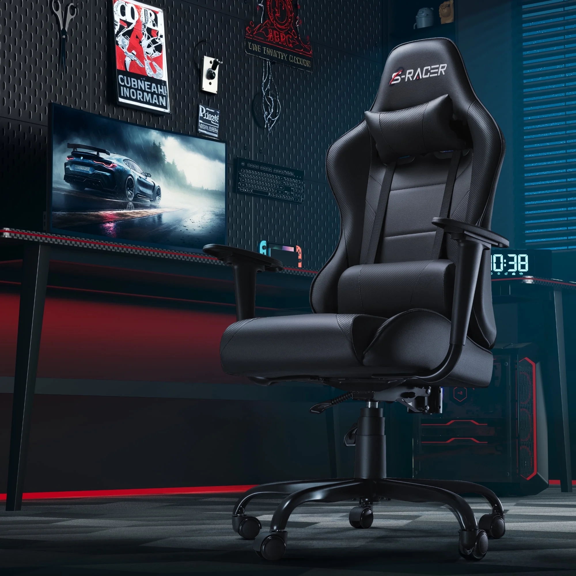 Homall Gaming Chair Office Chair High Back Racing Computer Chair PU Leather Adjustable Seat Height Swivel Chair Ergonomic Executive Chair with Headrest, Black