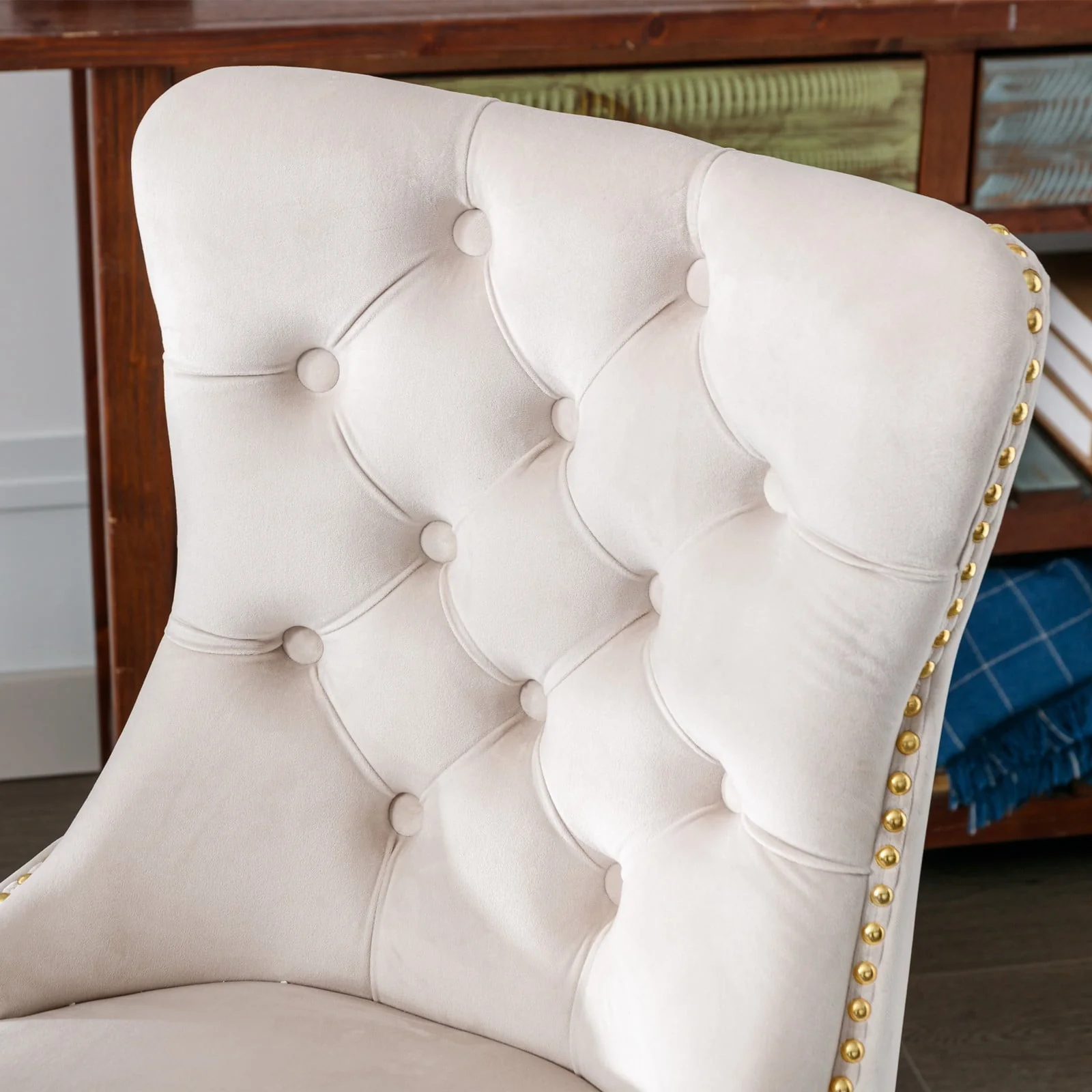 BTMWAY Office Chair, Velvet Upholstered Tufted Button Home Office Chair with Golden Metal Base, Adjustable Height, Swivel Ergonomic Task Chair, Luxury Desk Chair Computer Chair, Beige
