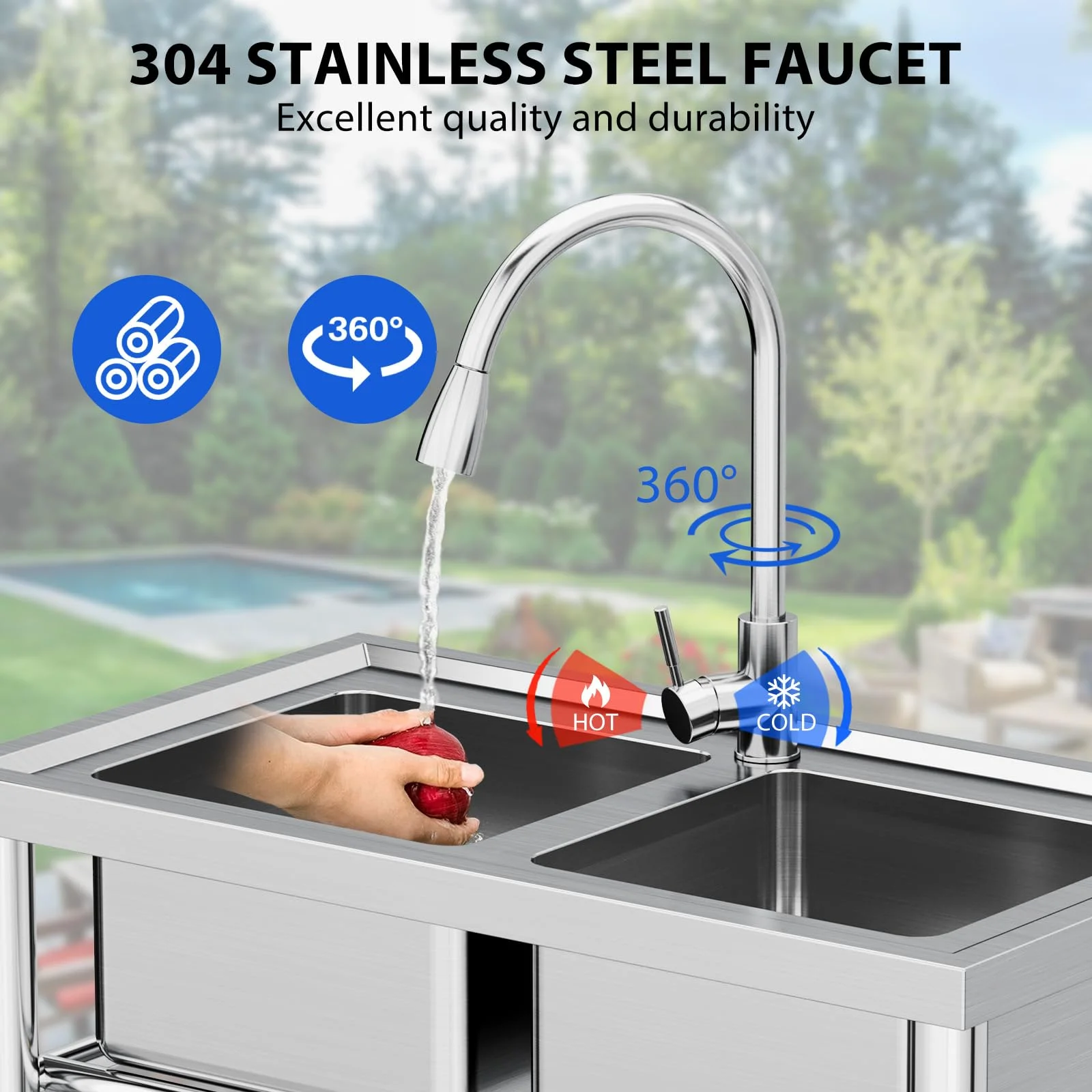 OYang Freestanding Double Bowl Laundry Sink ,Stainless Steel Sinkwith Hot & Cold Hoses,  Outdoor Camping Utility Sink for Garage