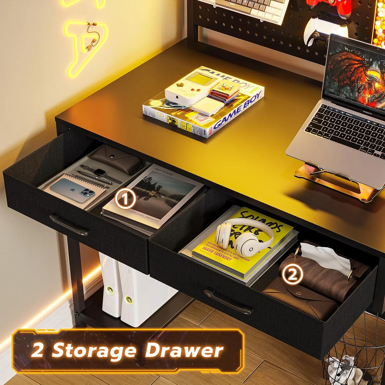 SEDETA White L Shaped Gaming Desk with LED Lights and Drawers, Gaming Desk with Hutch & Pegboard, Computer Desk with Monitor Stand, Storage Shelves, Home Office Desk Corner Desk, Gaming Table