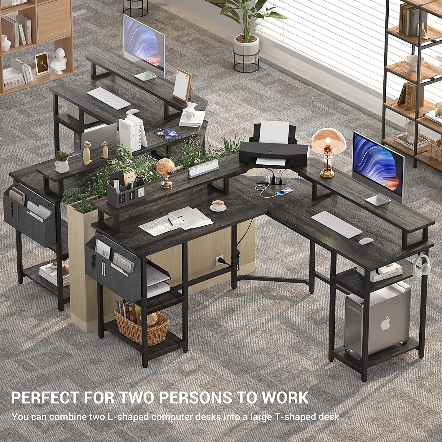 Homieasy L Shaped Desk with Power Outlet and Monitor Stand, 55