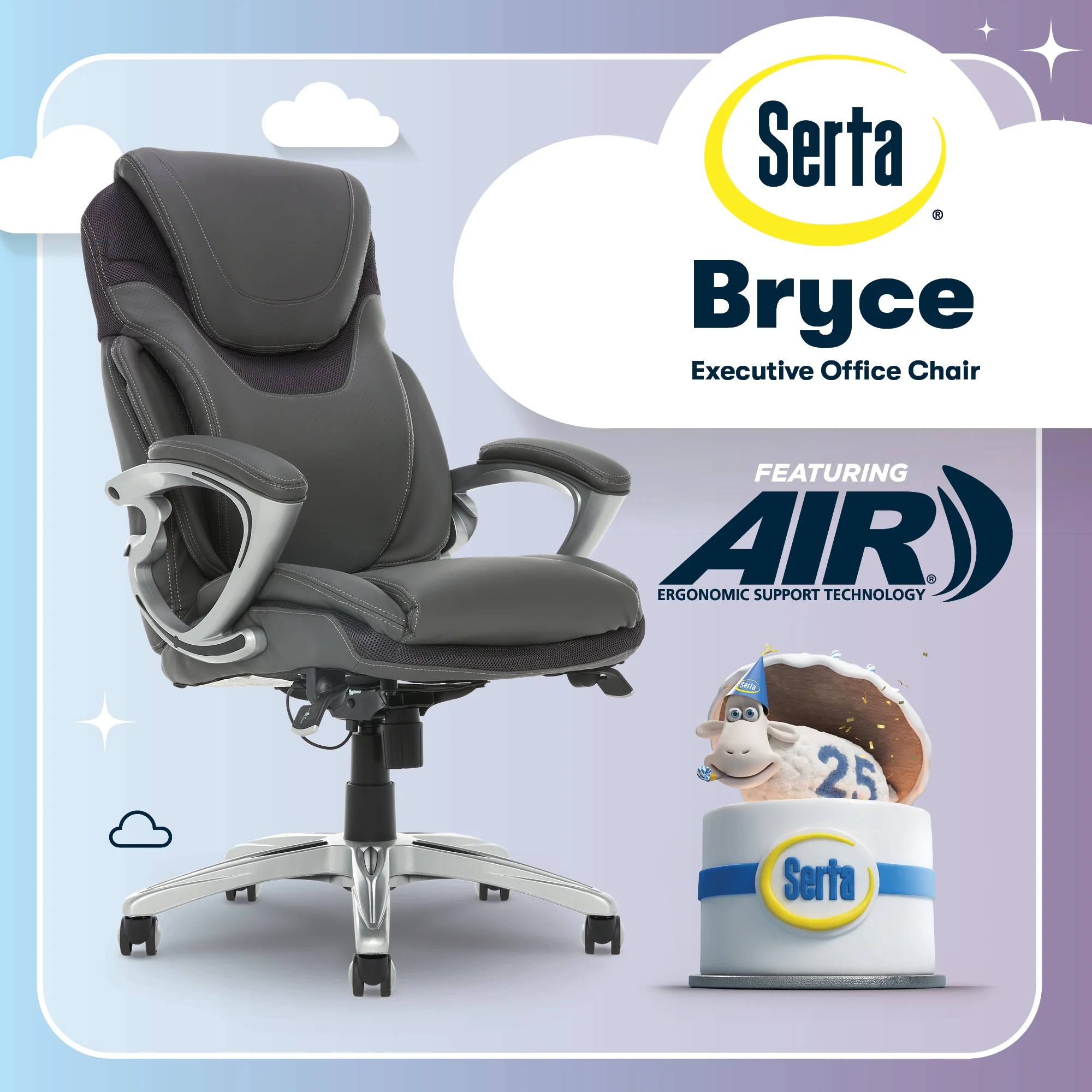 Serta Bryce Executive Office Chair with AIR Lumbar Technology, Gray Bonded Leather